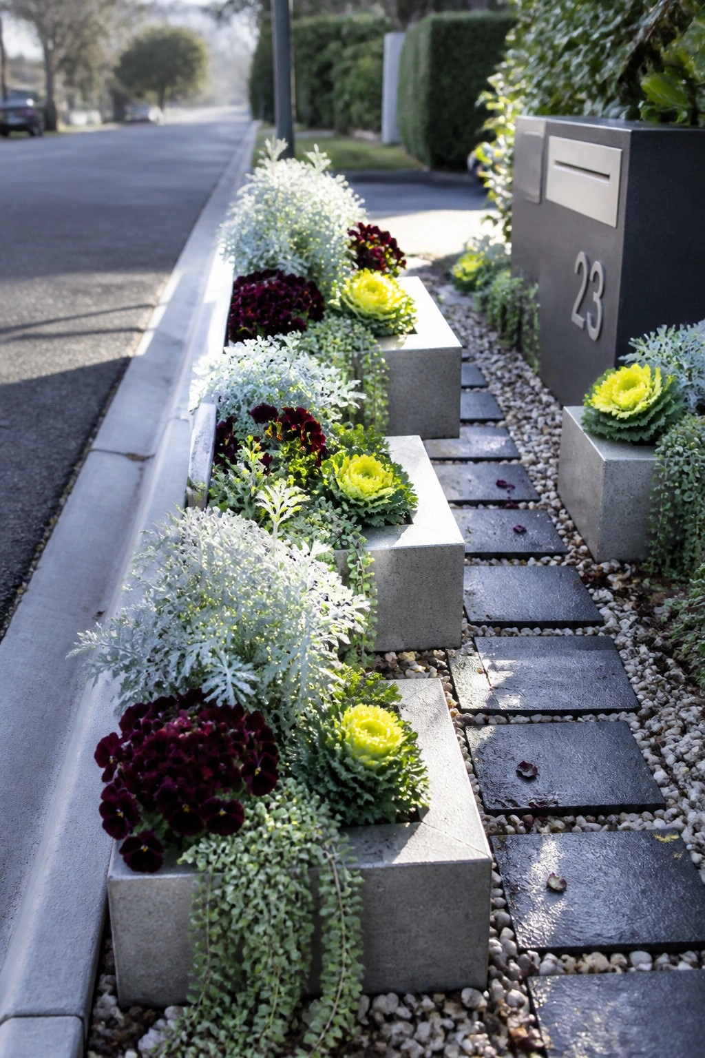 A row of gray concrete planters holding purple pansies, yellow ornamental kale, and silvery foliage lines a paved residential walkway next to dark stepping stones and a black mailbox marked 23.