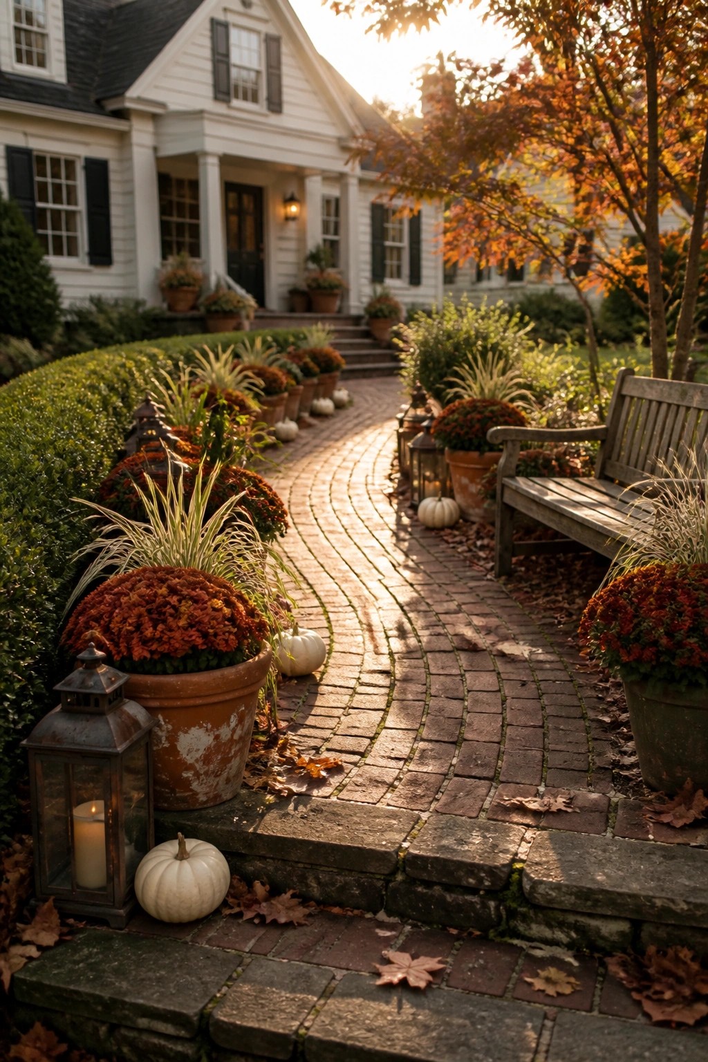 A brick pathway lined with terracotta pots of orange chrysanthemums and small white pumpkins leads toward a white house surrounded by autumn trees.