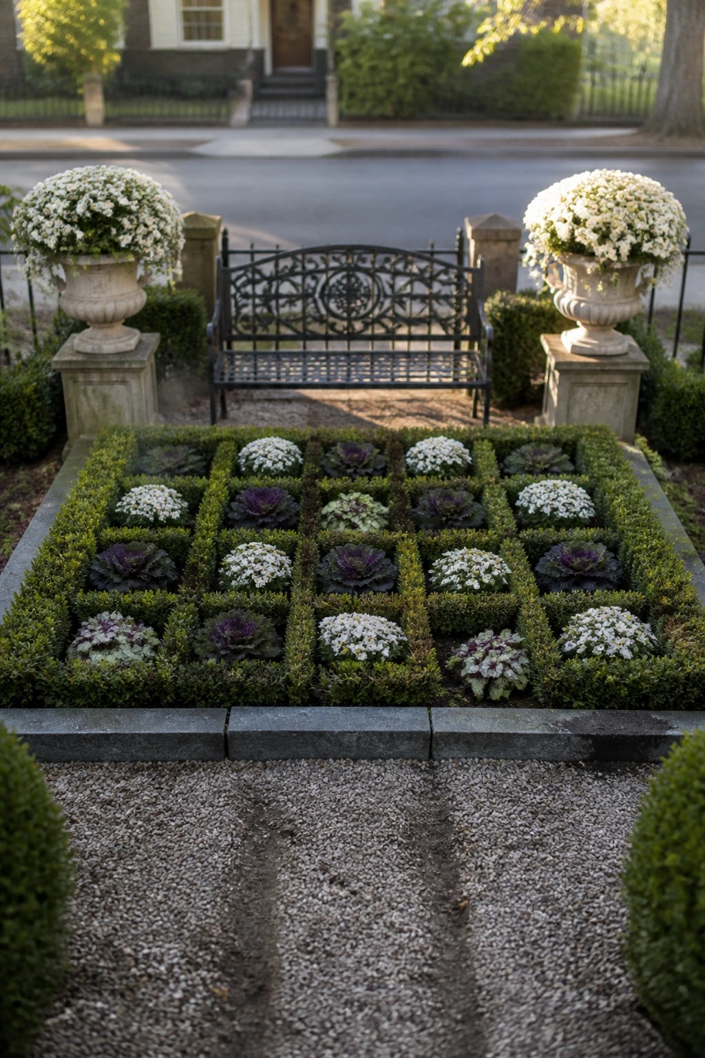 A square garden bed divided into smaller squares by low green hedges, planted with white flowers and purple cabbages, with a black bench and two large stone urns visible behind it.