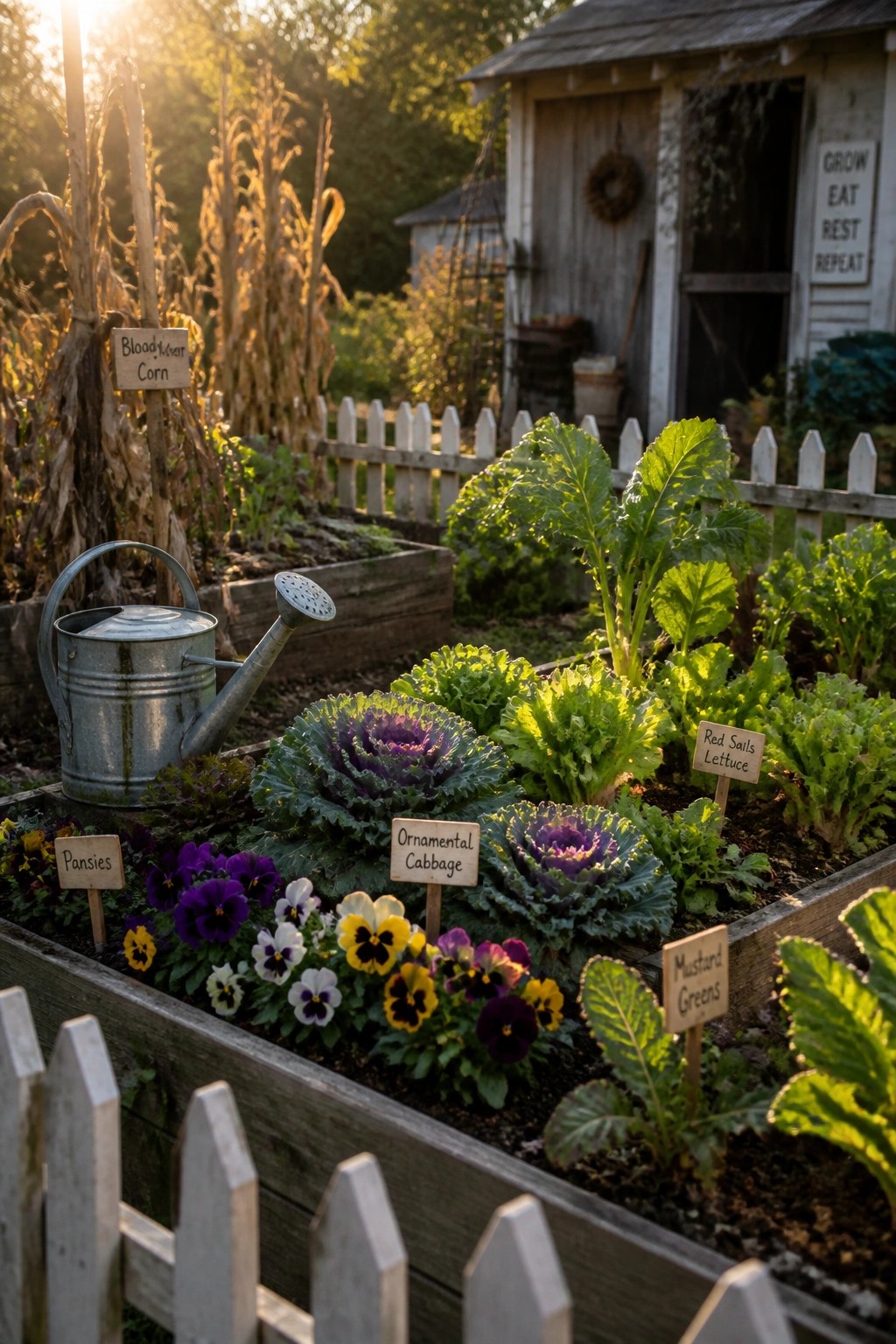 A garden scene with multiple wooden raised beds containing ornamental cabbage, pansies, lettuce, and mustard greens, along with plant labels and a metal watering can.