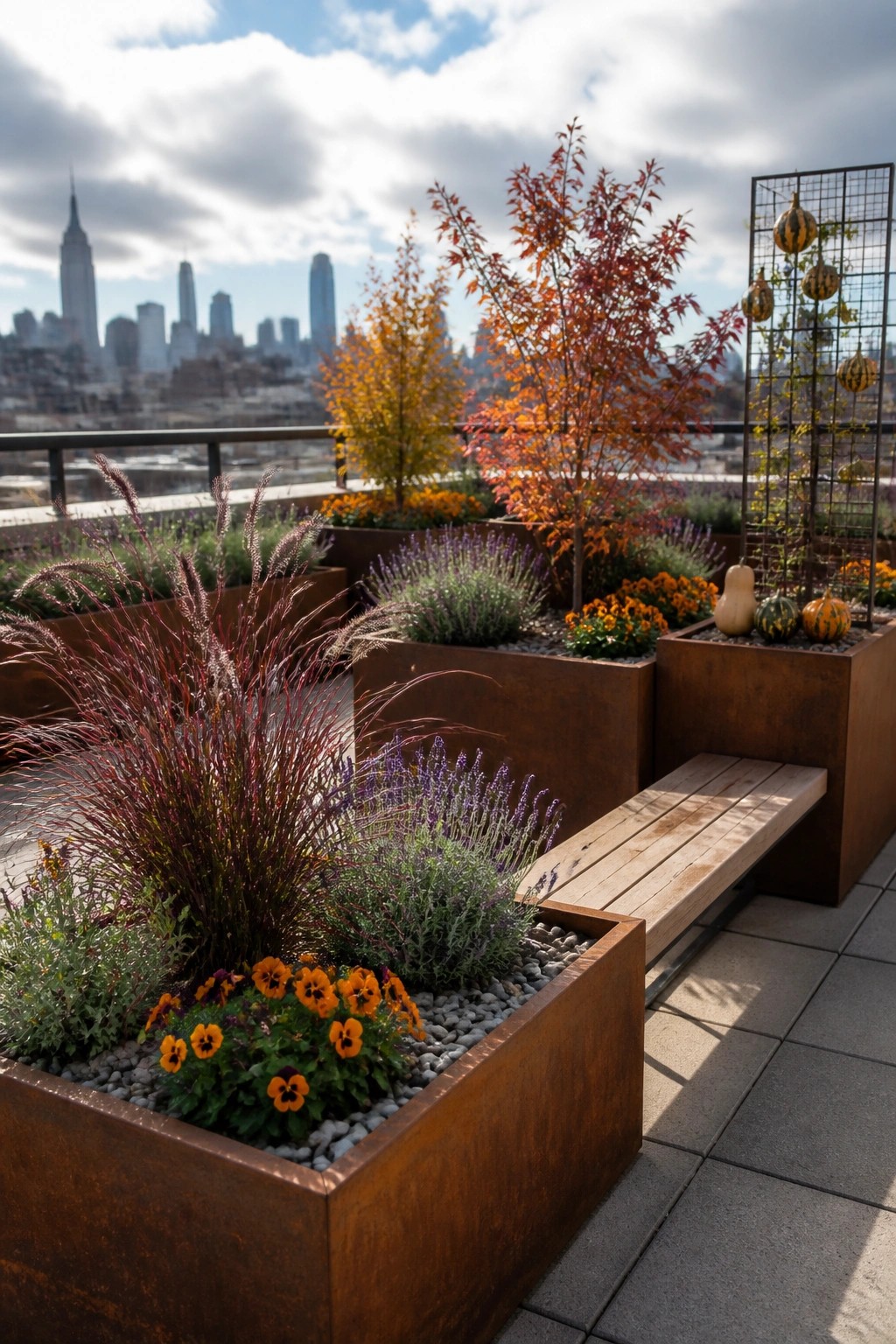Rooftop terrace with large rusted metal planters holding fall plants, grasses, orange flowers, and gourds next to a wooden bench, with a city skyline in the background.