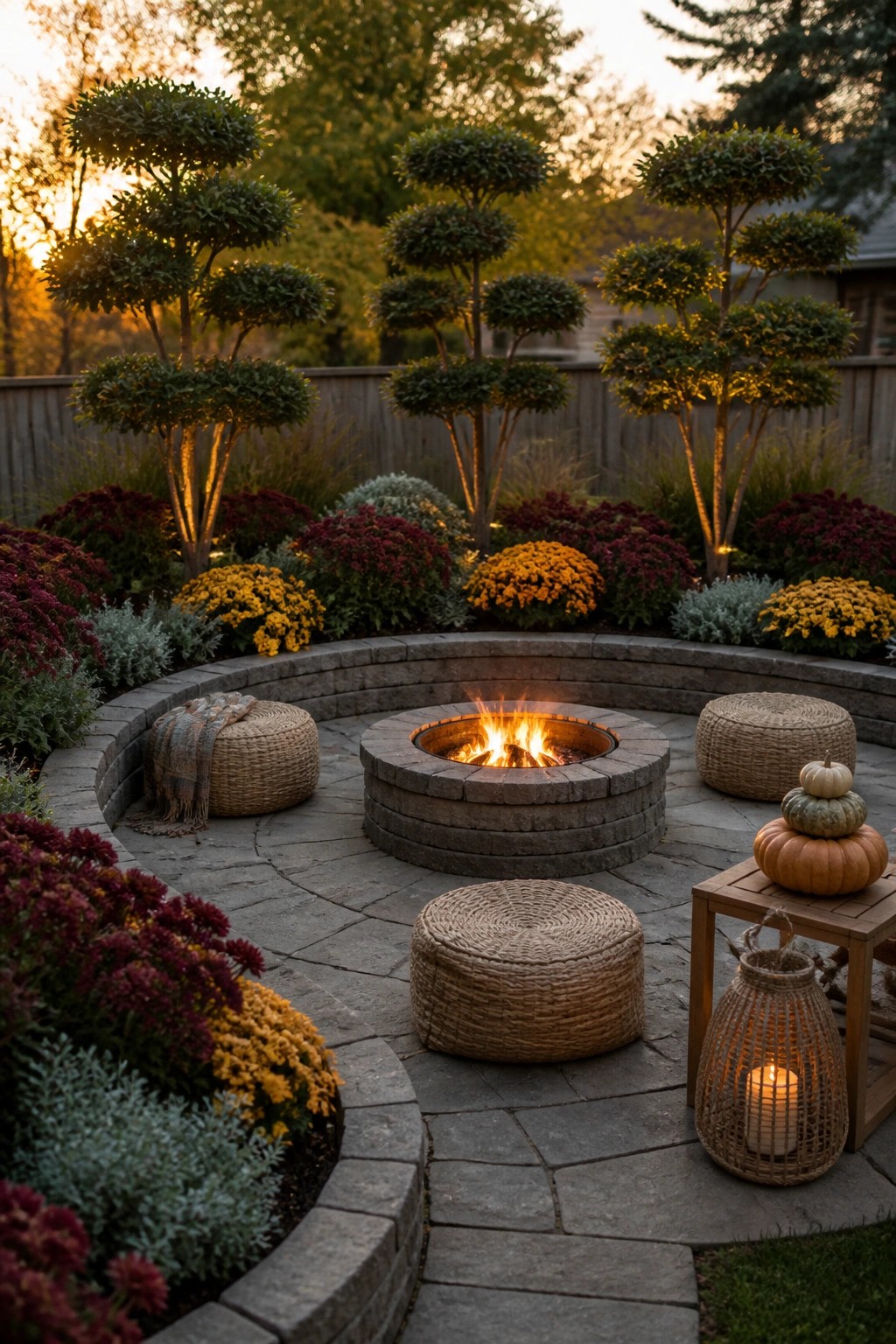 A circular stone fire pit patio bordered by fall chrysanthemums, topiary trees, woven seating, and pumpkins.
