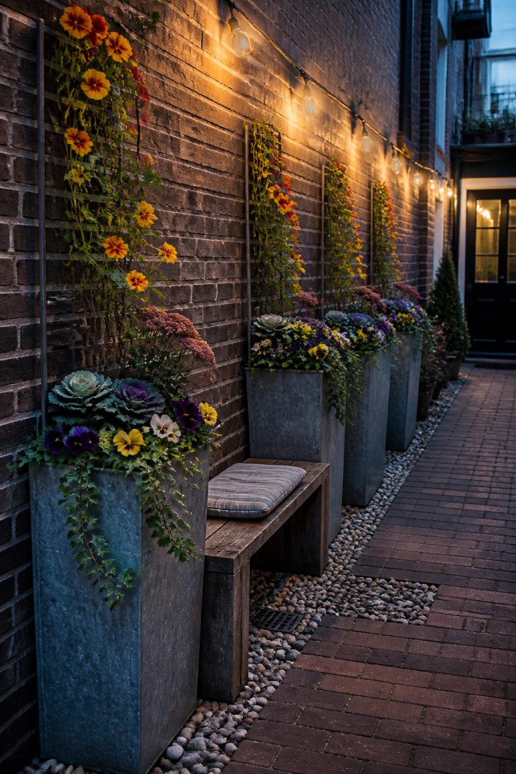 A narrow brick pathway bordered by large gray planters holding fall flowers and foliage, with vertical metal frames supporting climbing plants against the wall and a wooden bench placed beside them.