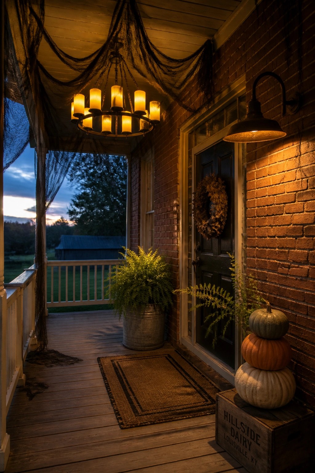 A covered wooden porch at dusk shows a glowing chandelier with black netting, a black door with a wreath, stacked pumpkins on a wooden crate, and a potted fern.