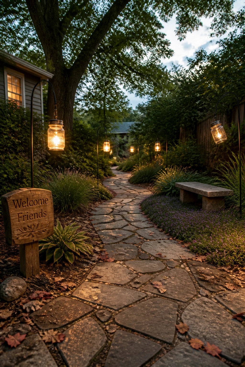 A stone garden path lined with glowing mason jar lights on black shepherd hooks, with a wooden welcome sign on the left and dense greenery on both sides.