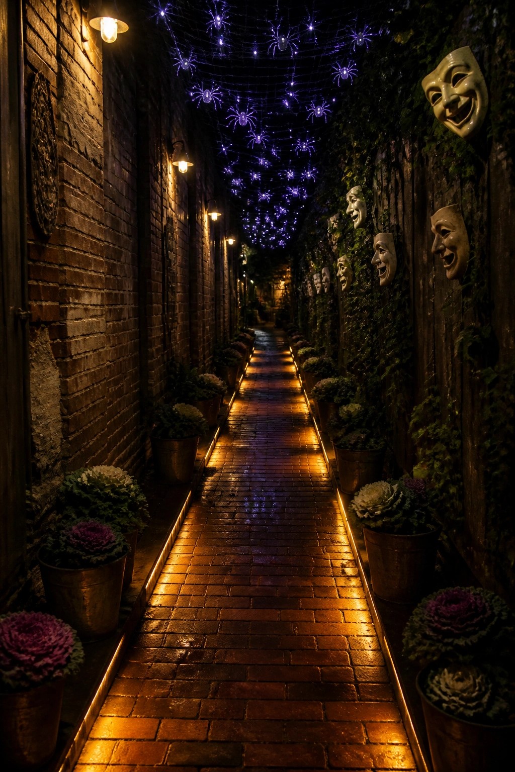 A narrow brick pathway at night lined with potted plants, theater masks mounted on ivy-covered walls, and purple spider-shaped string lights overhead.
