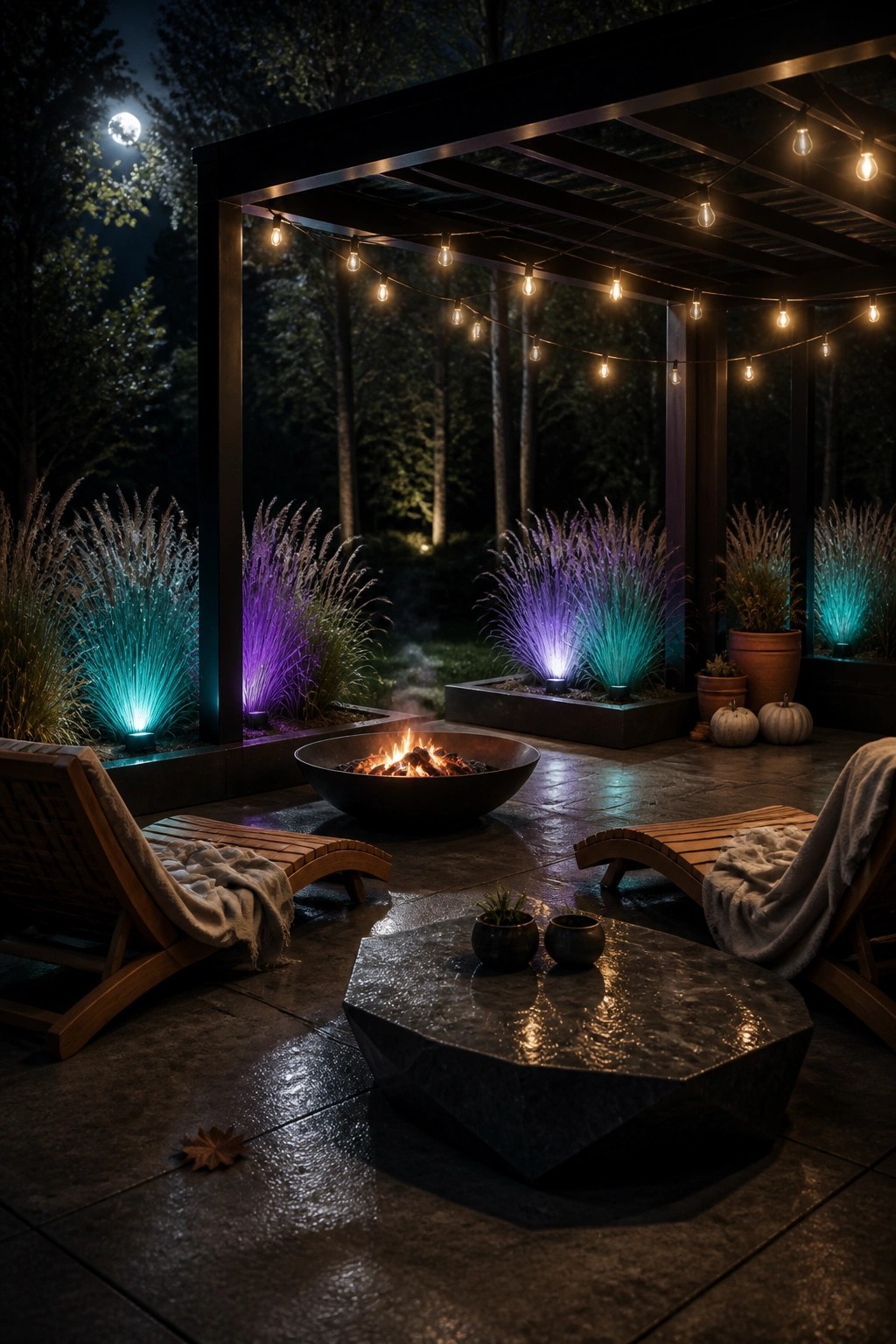 A nighttime patio under a pergola with string lights, a fire pit, wooden lounge chairs, and plants lit in blue and purple.