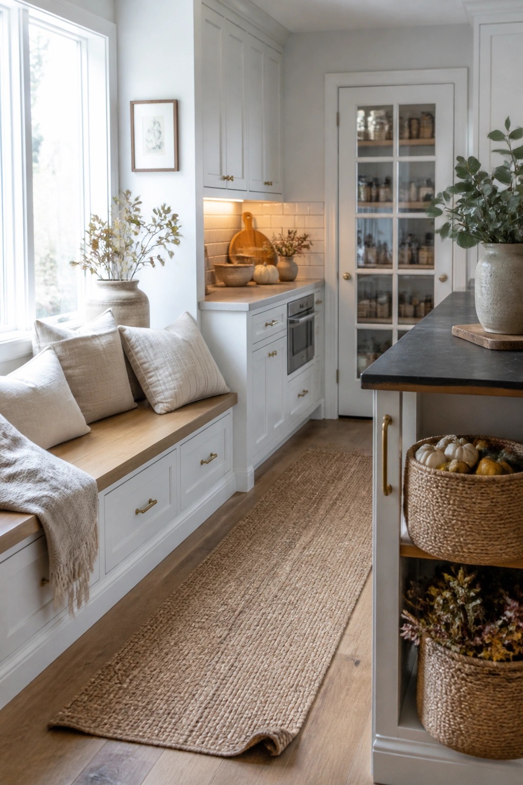 A bright kitchen with white cabinets features a built-in wooden window bench topped with beige linen cushions and a matching throw, alongside a jute runner and woven baskets holding small pumpkins.