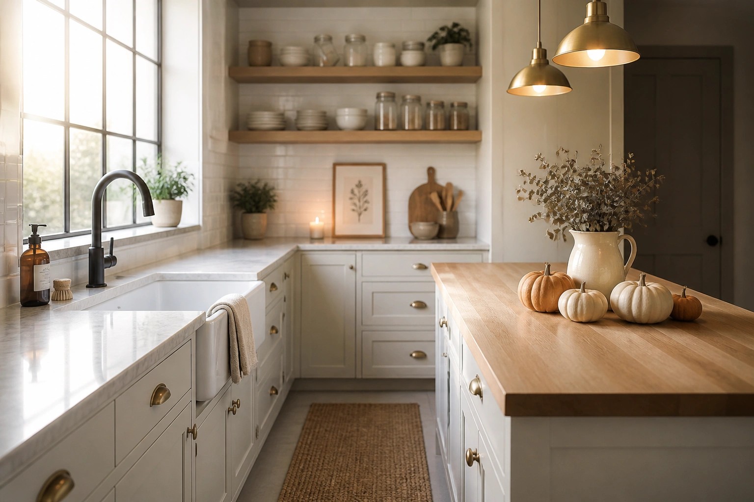 A bright white kitchen with light wood floating shelves above marble counters, holding white dishes and glass storage jars.