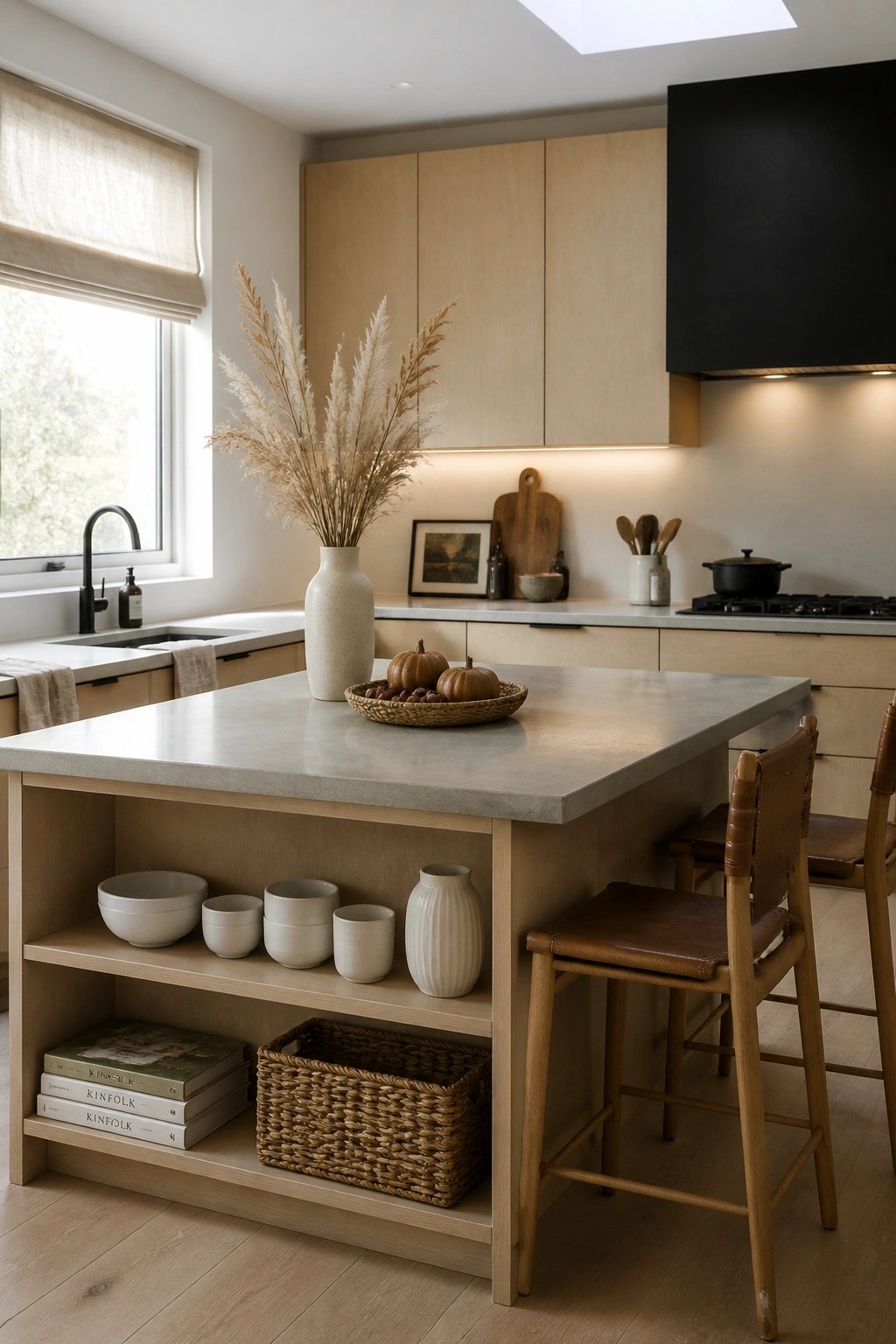 A light wood kitchen island with open lower shelves holding ceramic bowls, books, and a woven basket, surrounded by leather bar stools.