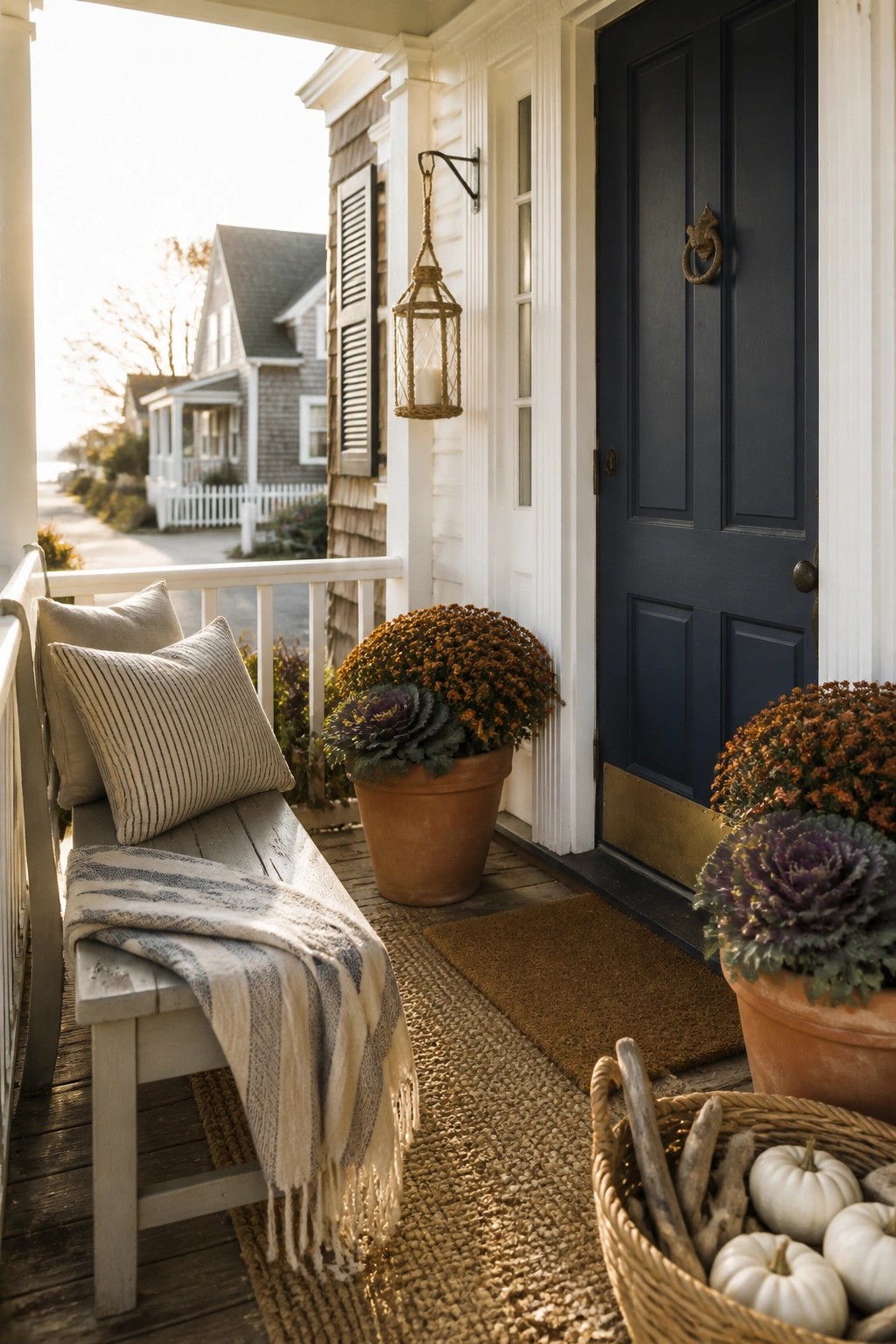 Cozy porch with blue door, wooden bench, fall mums, and pumpkin basket.
