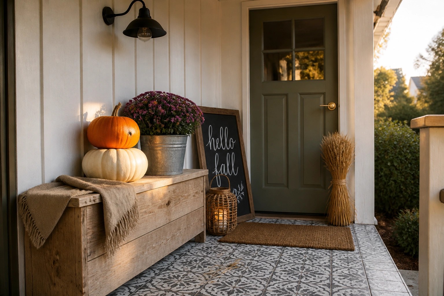 A wooden storage bench on a small front porch holds stacked white and orange pumpkins along with a folded blanket, next to a chalkboard sign and a potted mum.