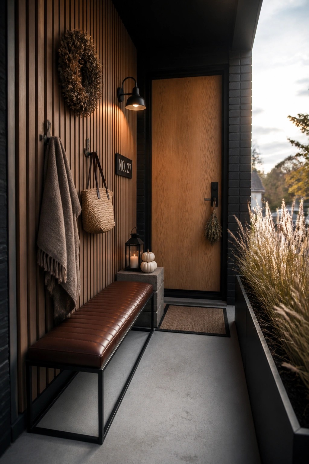 Modern entryway with leather bench, wooden door, lantern, pumpkins, and dried wreath on wall.