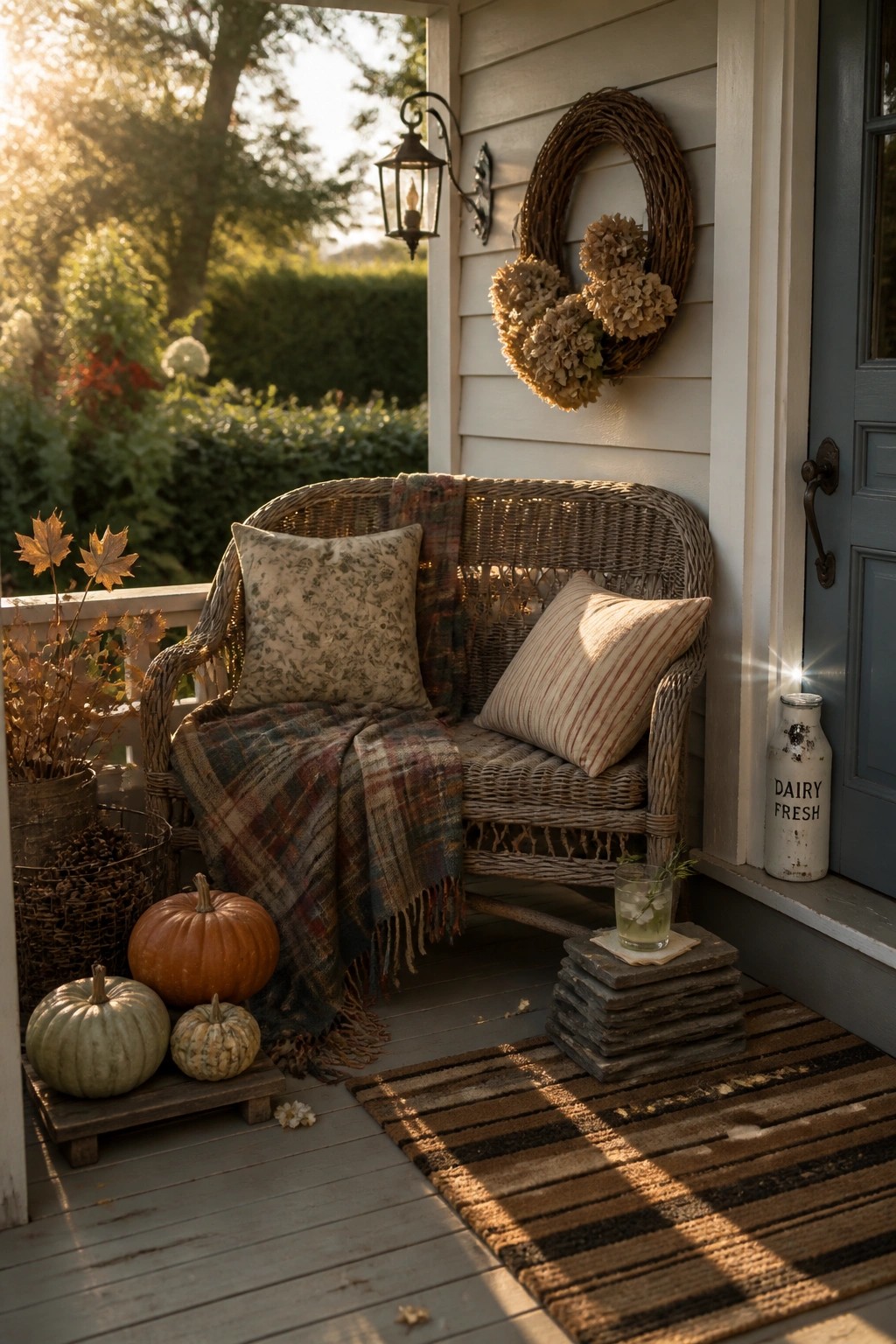 A wicker bench on a wooden front porch with a plaid throw, floral and striped pillows, pumpkins on a tray, and a striped rug.