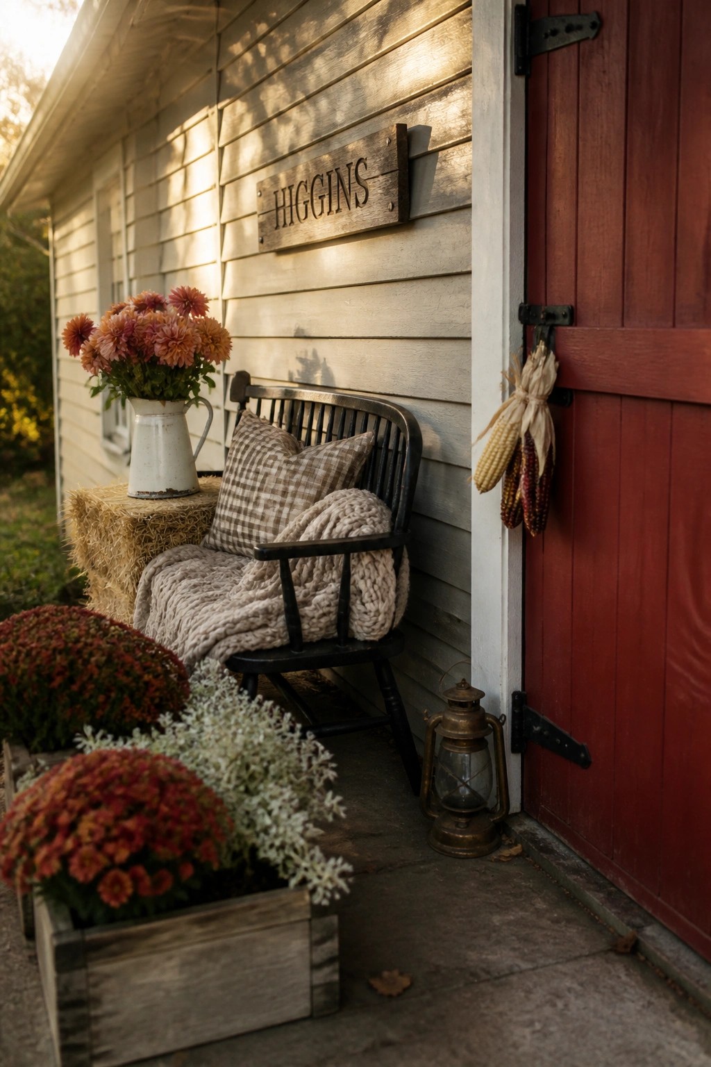 A black wooden chair with pillows and a chunky knit blanket sits on a small front porch beside a red door, with autumn flowers, a hay bale, and dried corn stalks nearby.