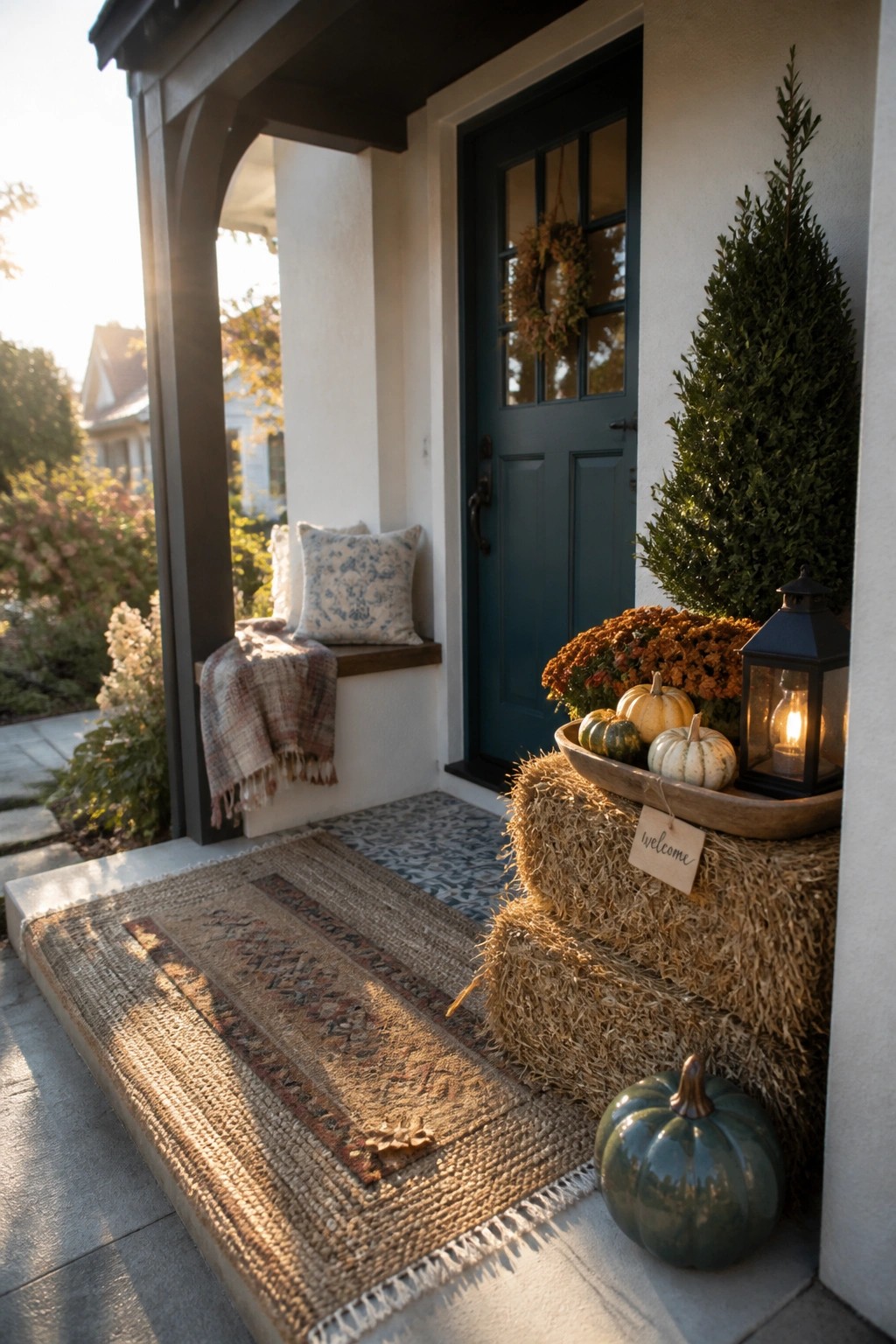 Cozy autumn porch with hay bales, pumpkins, lantern, and teal door