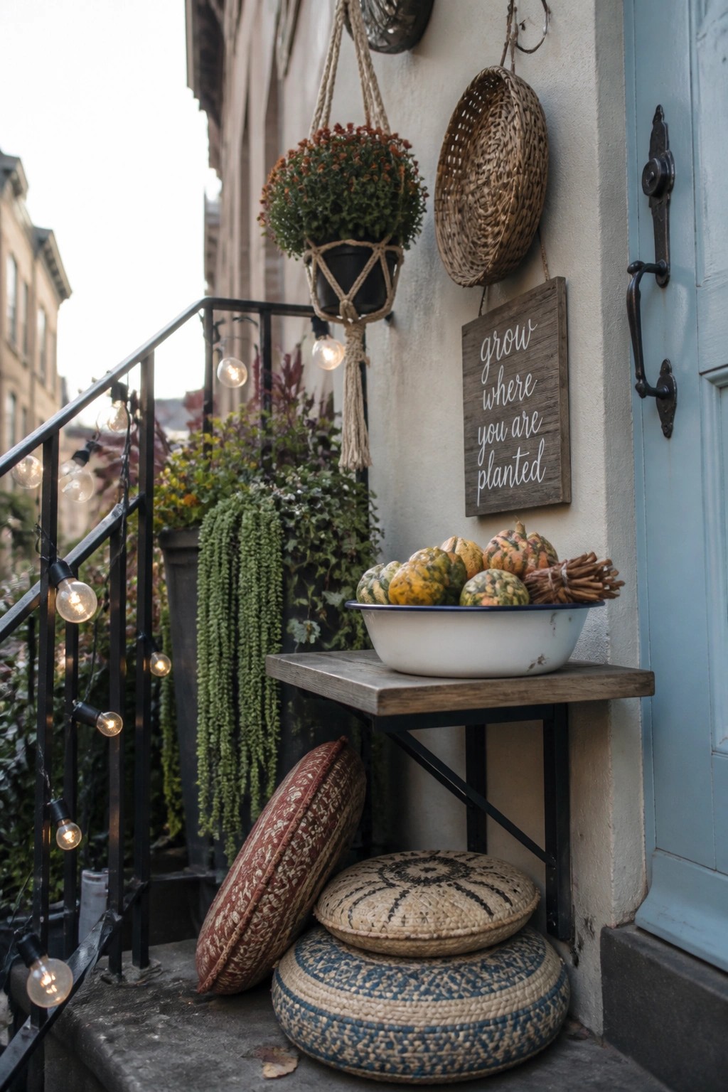 Rustic stoop with pumpkin bowl, hanging plant, woven cushions, and string lights