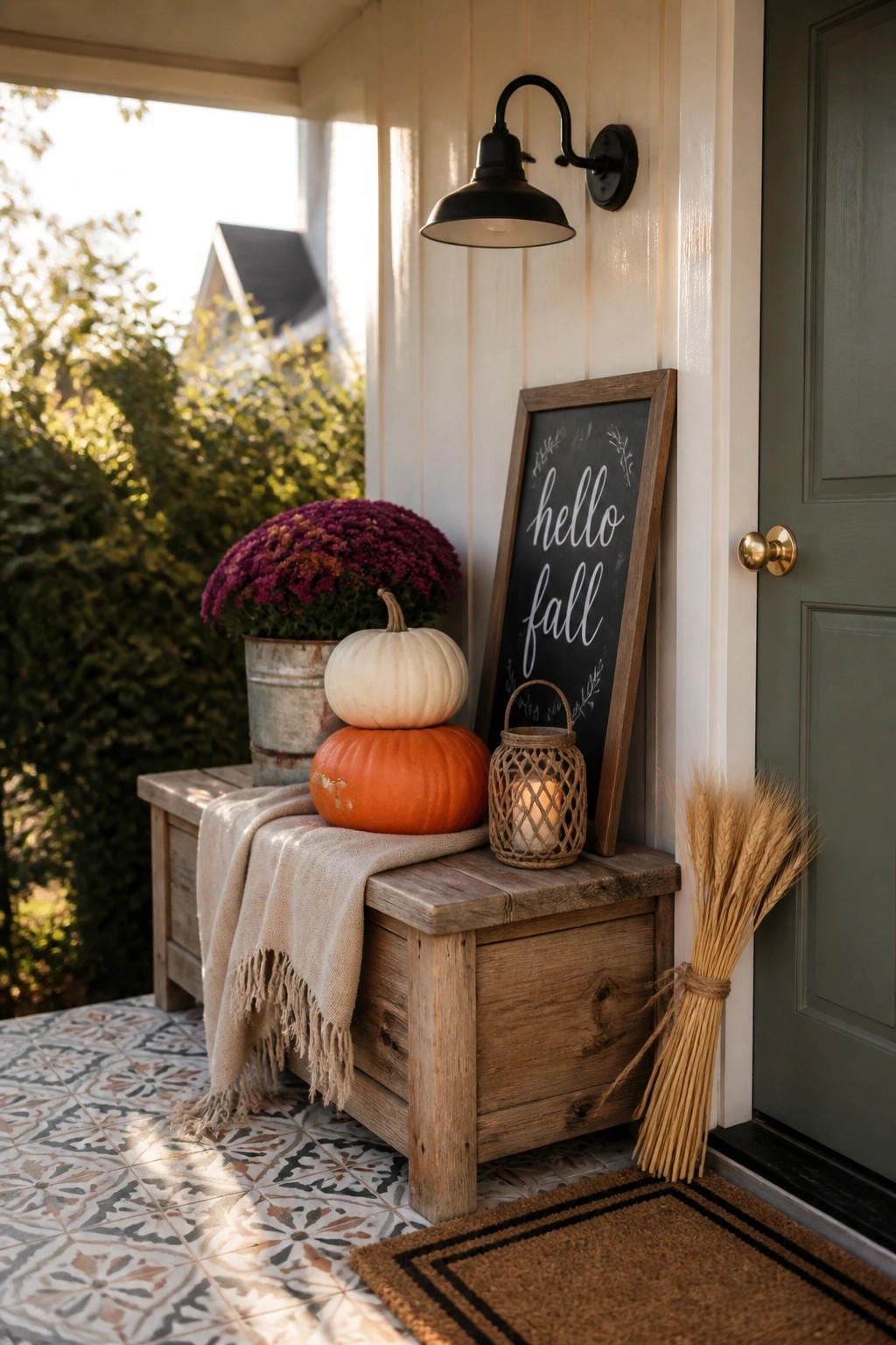 A wooden storage bench on a small front porch holds stacked white and orange pumpkins along with a folded blanket, next to a chalkboard sign and a potted mum.