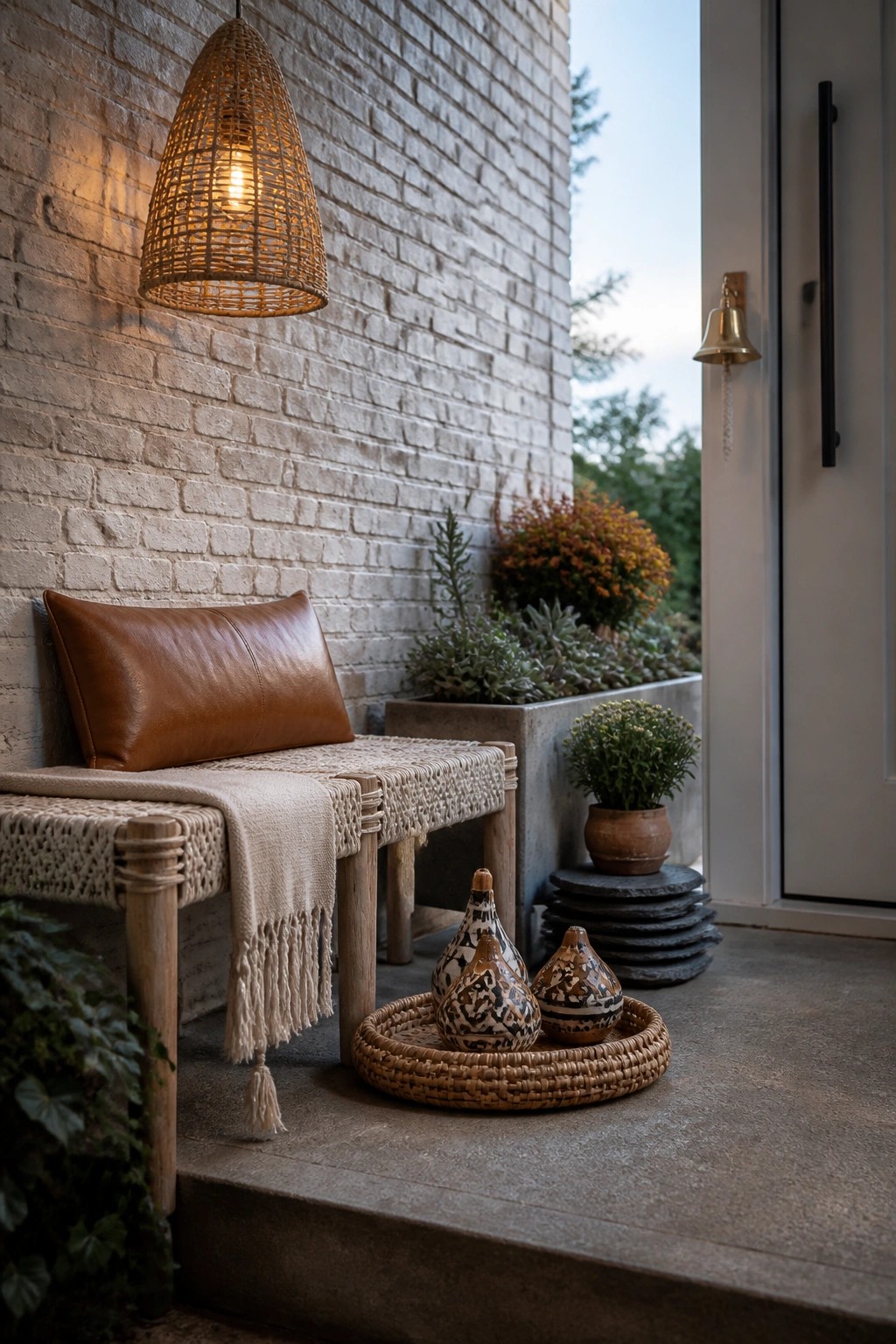A small front porch with a wooden bench covered in a woven throw, a brown leather pillow, a hanging wicker light, potted plants in concrete planters, and two patterned vases on a round woven tray beside a white door.