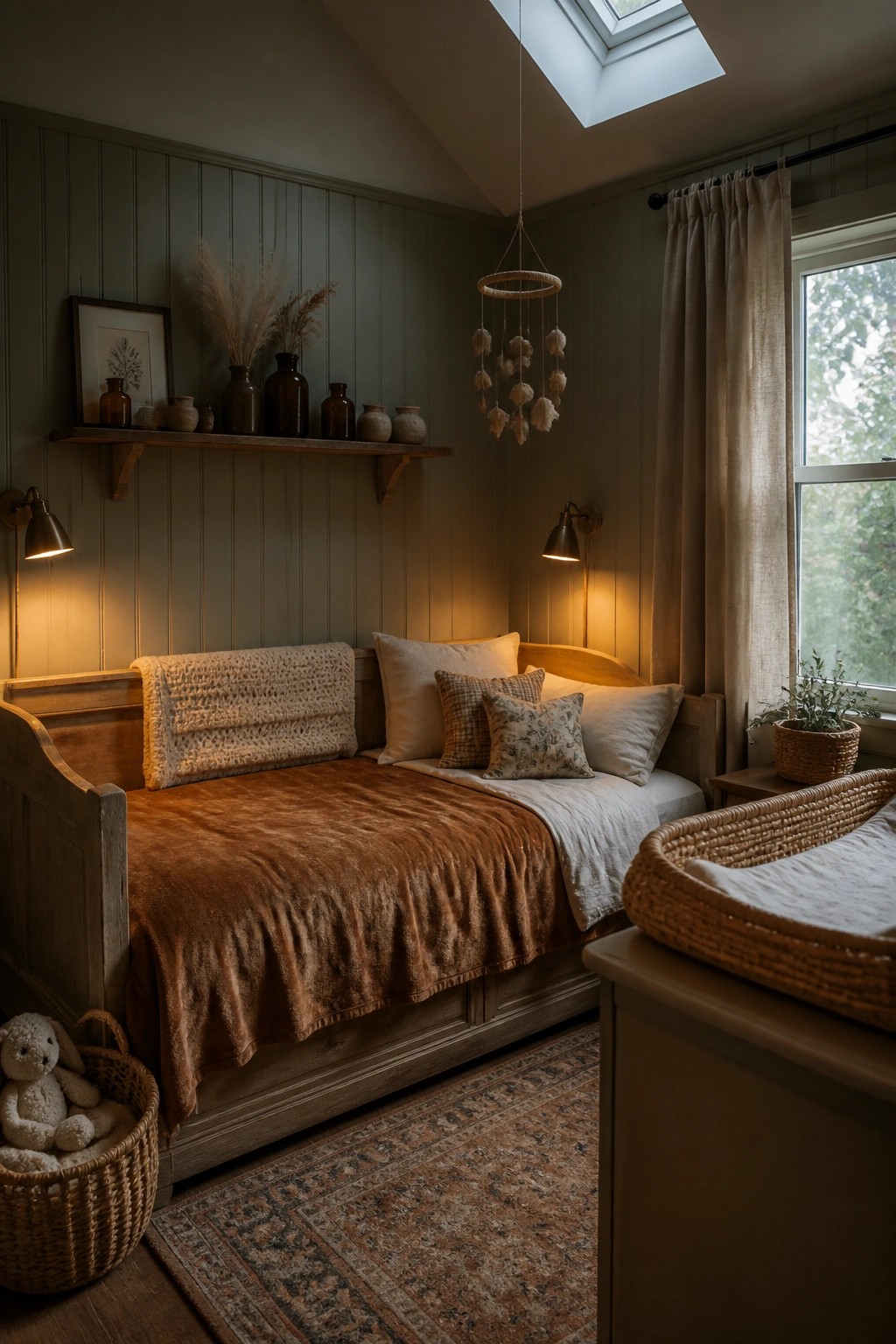 A wooden daybed with brown blanket and pillows in a paneled bedroom with wall sconces, a hanging mobile, and a woven bassinet nearby.