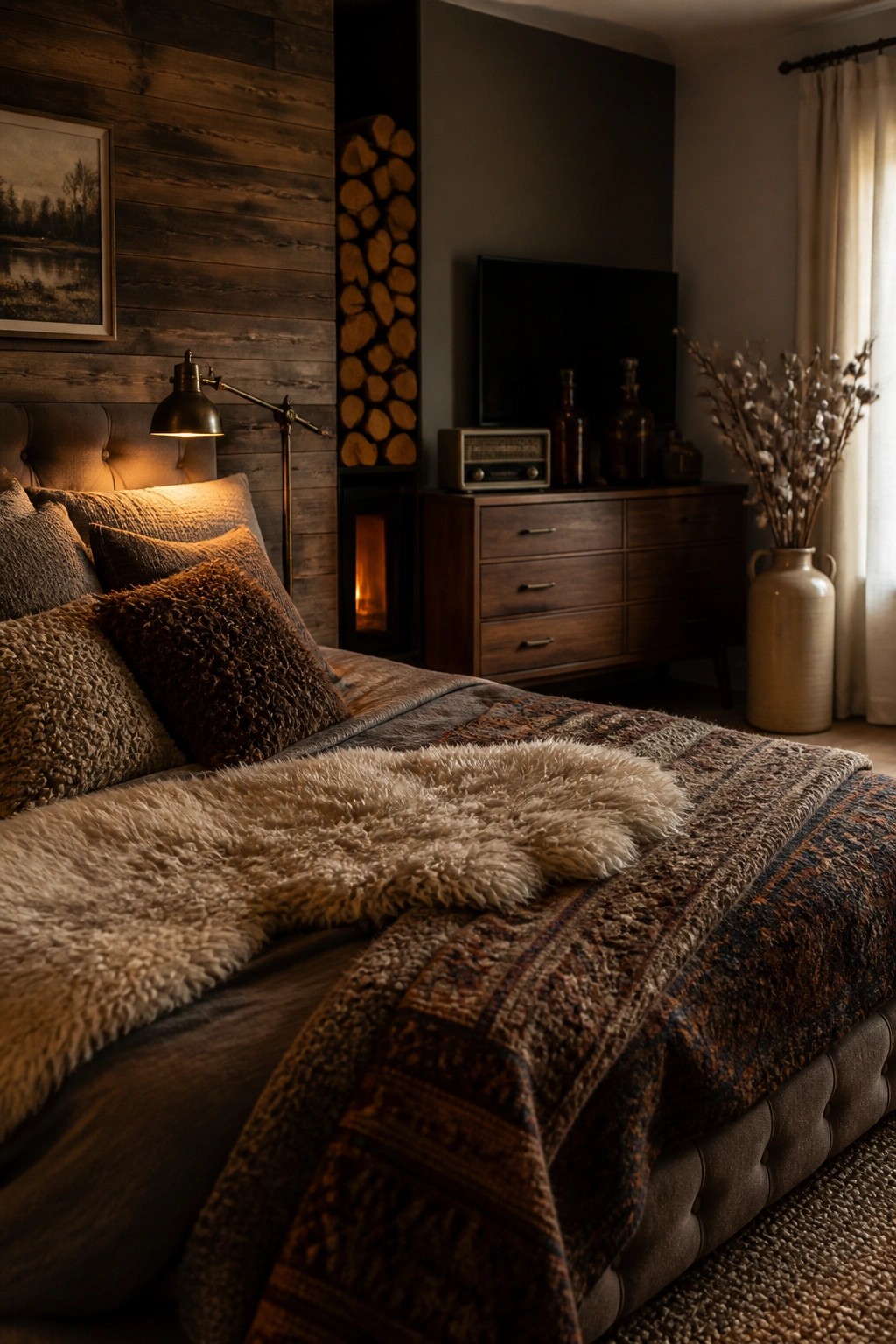 Cozy bedroom with tufted bed, fur throw, patterned blanket, fireplace, and wood accents