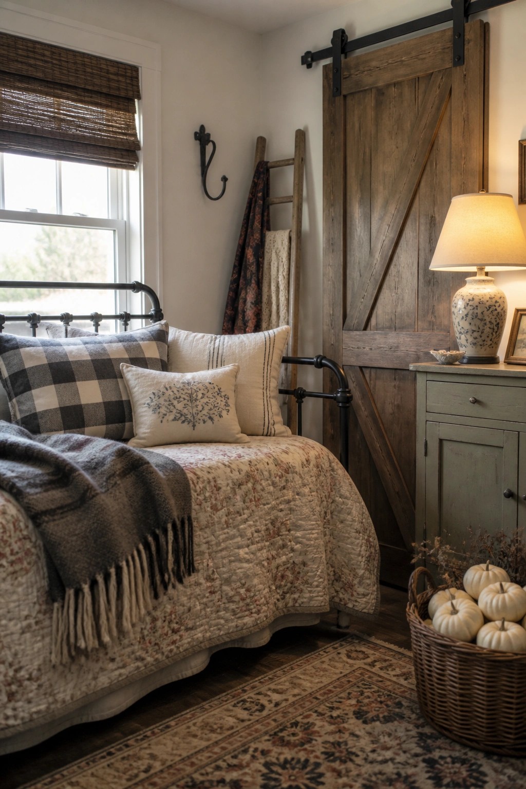 A bedroom corner shows a bed with a floral quilt, plaid and embroidered pillows, and a gray throw beside a large wooden sliding barn door and a green cabinet.