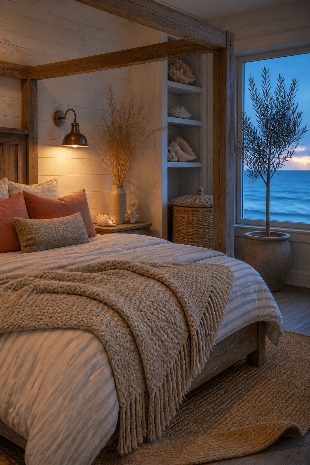 A bedroom featuring a wooden canopy bed dressed in striped linens and a large chunky knit throw, with built-in shelves and a large window overlooking the water.