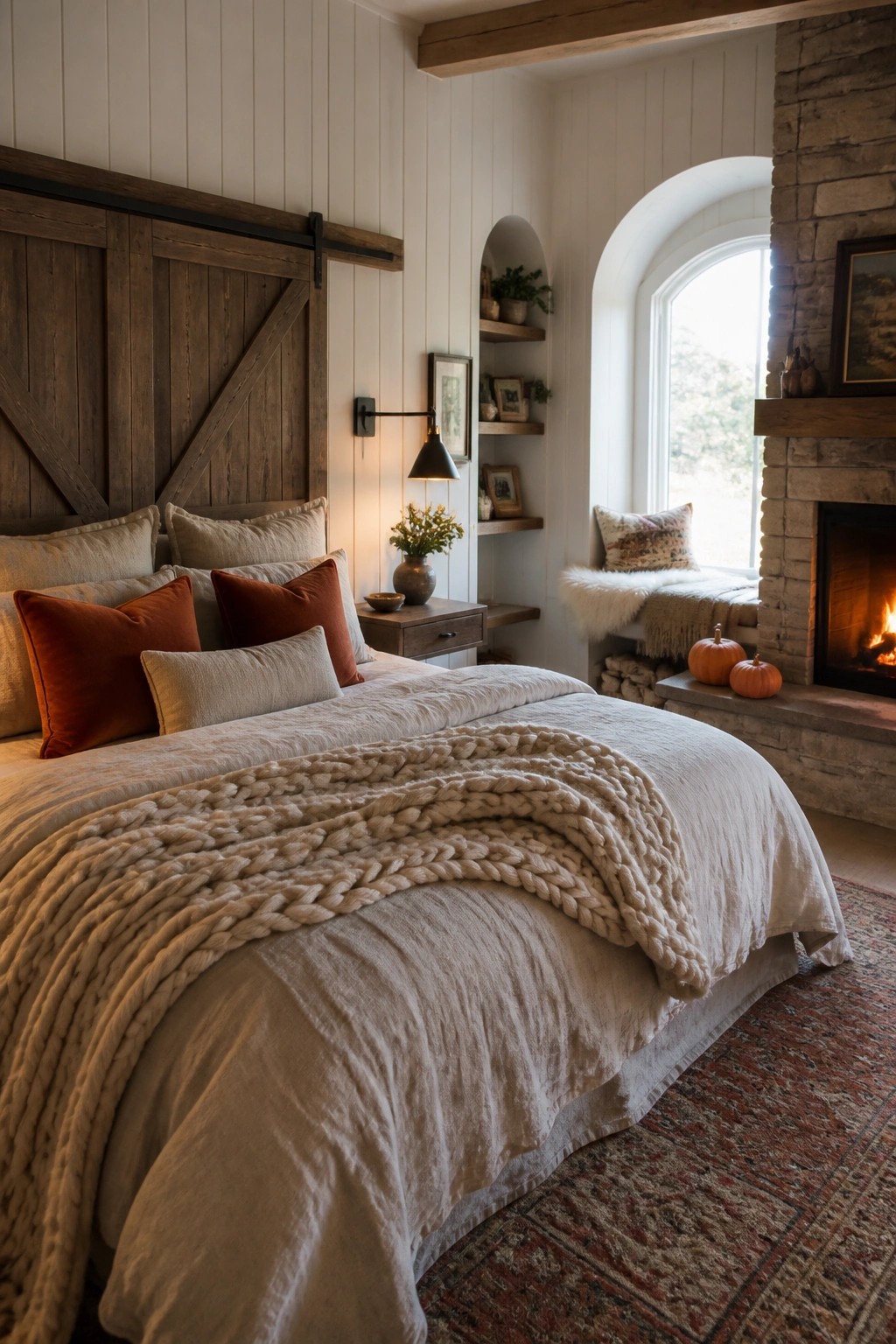 A bedroom with a wooden sliding barn door headboard, layered beige linens and rust pillows, a chunky knit blanket on the bed, and a stone fireplace to the right.