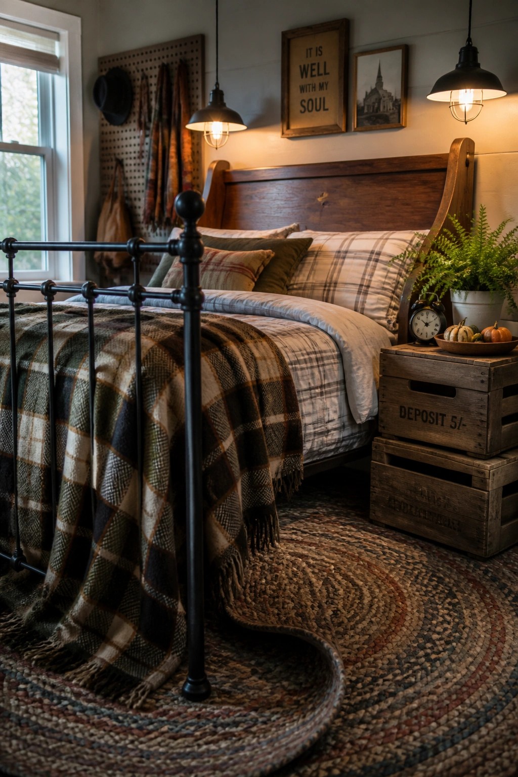 Cozy rustic bedroom with plaid bedding, wooden crates, pendant lights, and braided rug