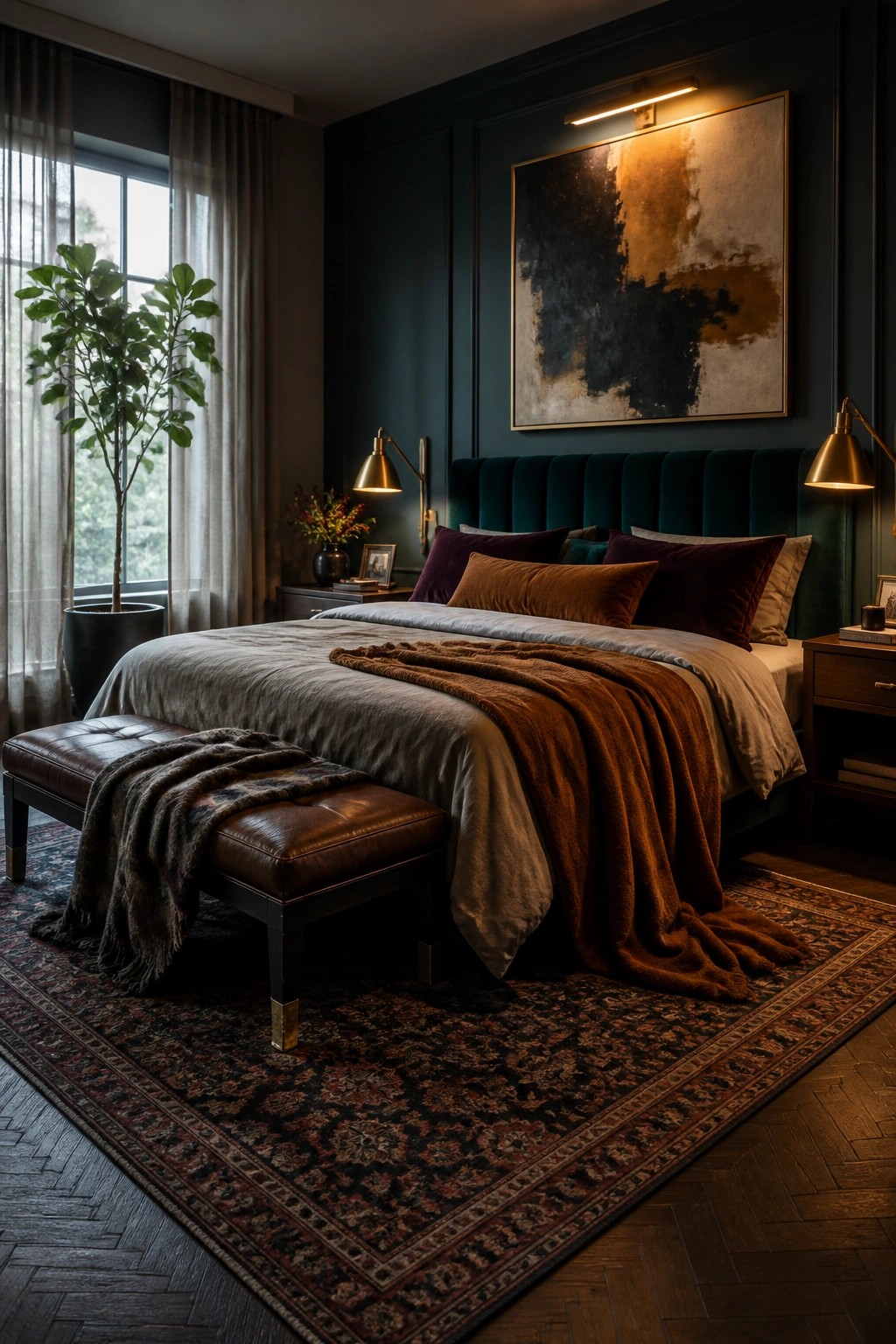 A bedroom with dark teal walls, a large bed layered with gray and brown bedding, and an abstract painting above the headboard.