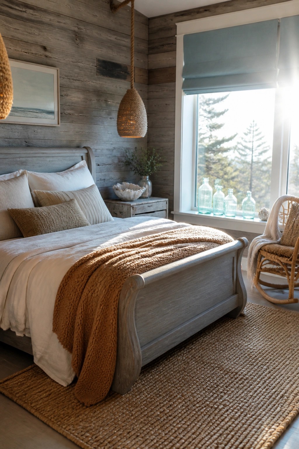 A bedroom featuring a gray wooden sleigh bed with white bedding and a large rust-colored chunky knit throw, a jute rug on the floor, and a window with several blue glass bottles on the sill.