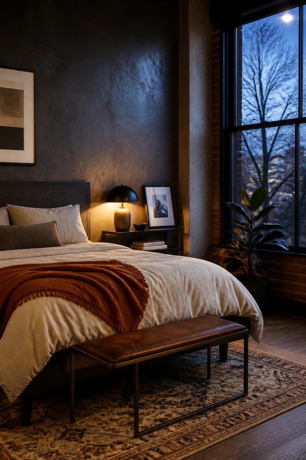 A bedroom featuring a bed with cream linens topped by a rust throw, a brown leather bench at the foot, a dark nightstand with a lamp, and a large window to the right.