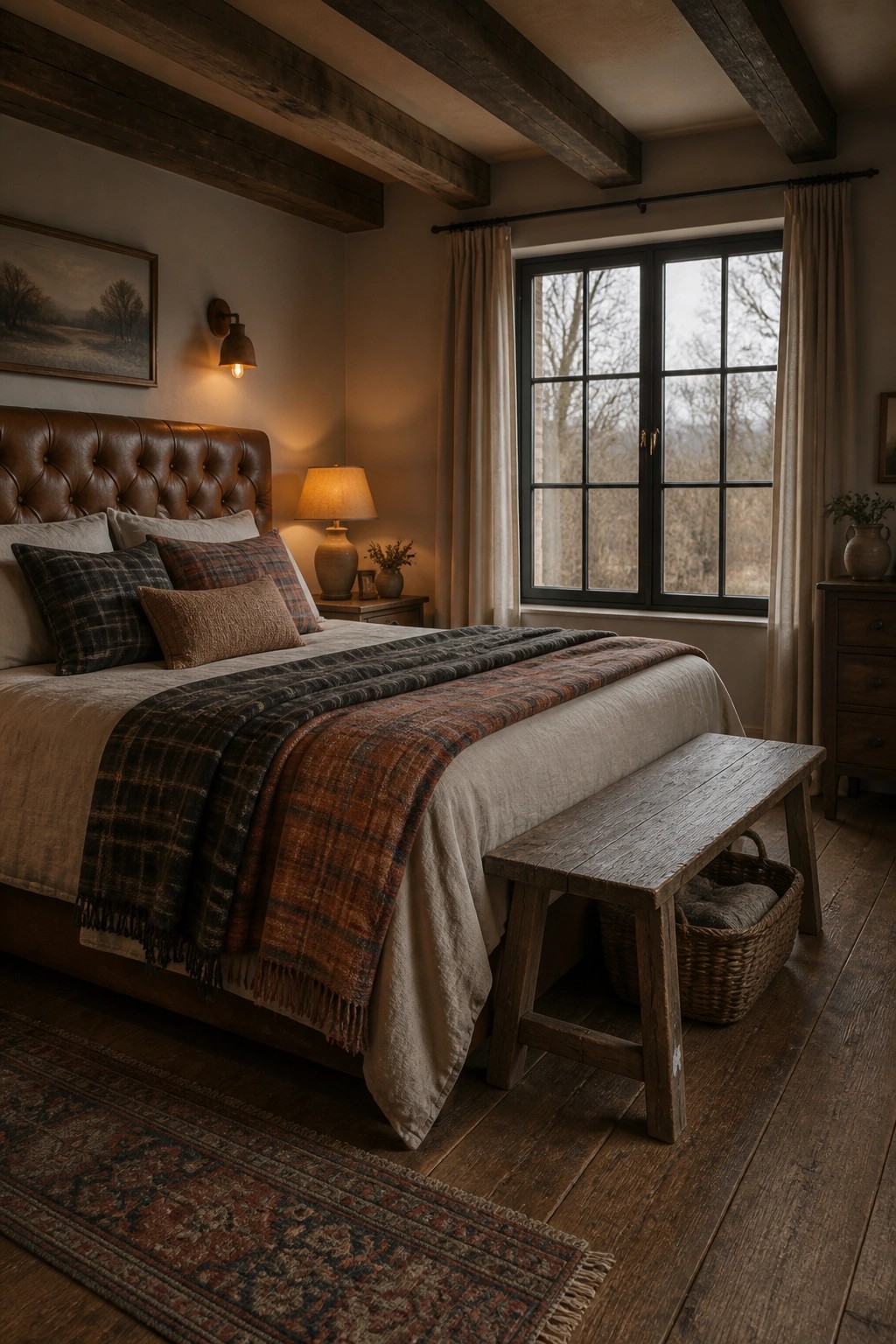 A bedroom with a large bed dressed in layered plaid blankets and pillows, a brown leather headboard, wooden ceiling beams, and a window with light curtains.