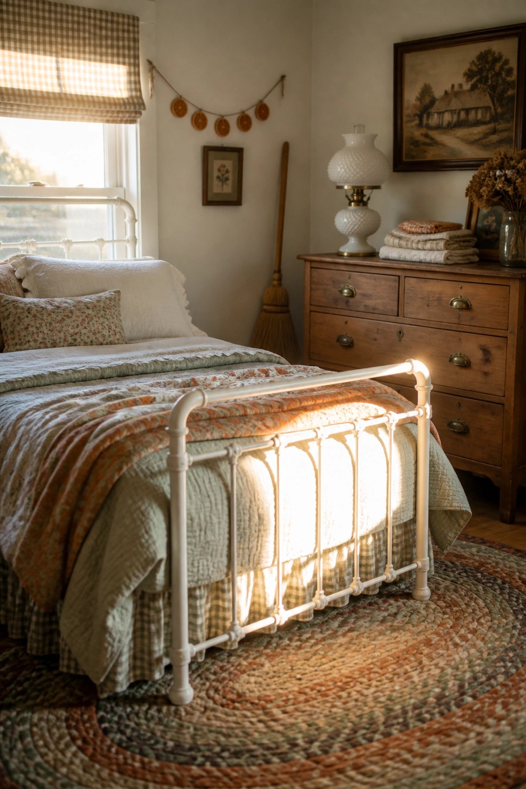 A bedroom scene showing a white metal bed frame with layered quilts and pillows, a wooden dresser with a lamp, and a large braided rug on the floor.