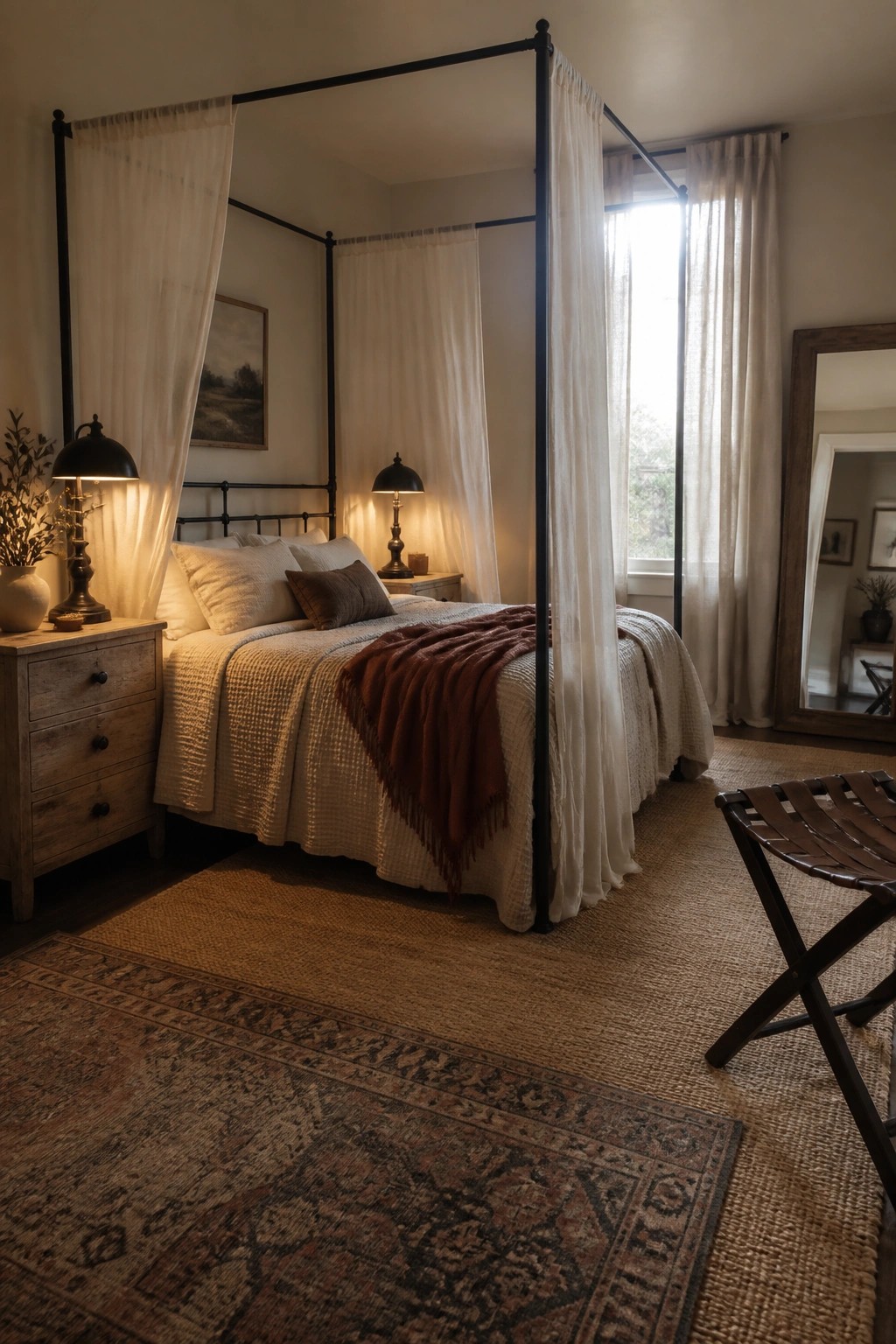 A bedroom with a black four-poster canopy bed draped in sheer white curtains, layered white and rust bedding, wooden nightstands with lamps, and a patterned rug over sisal flooring.