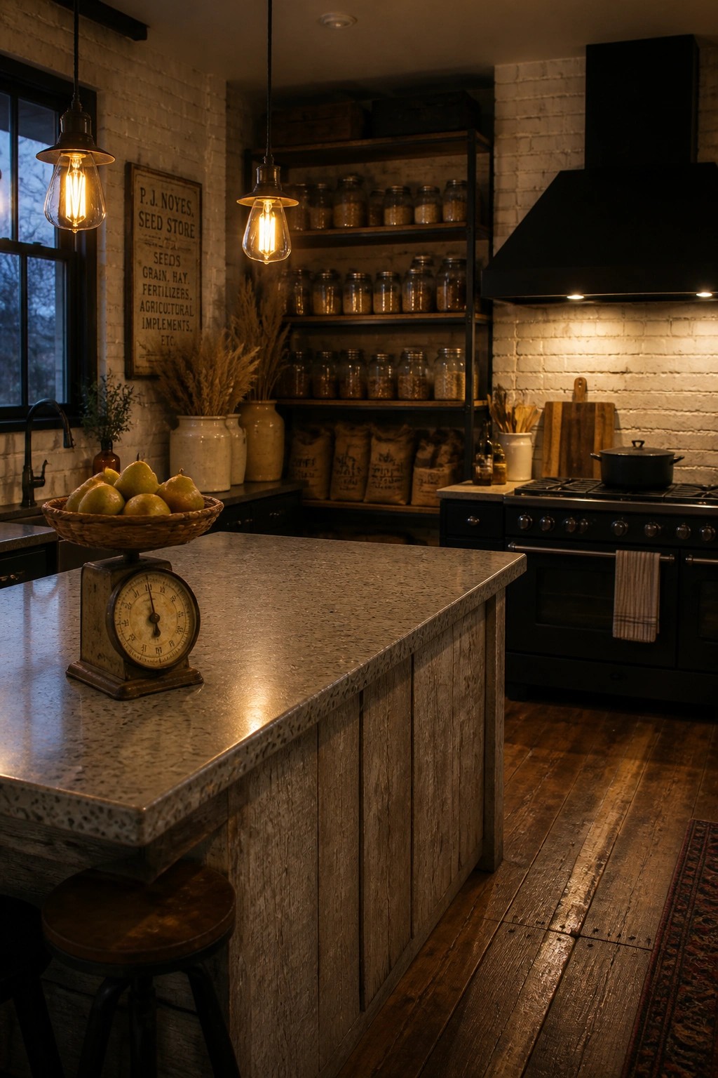 Rustic kitchen with wooden island, vintage scale of pears, hanging lights, and brick walls