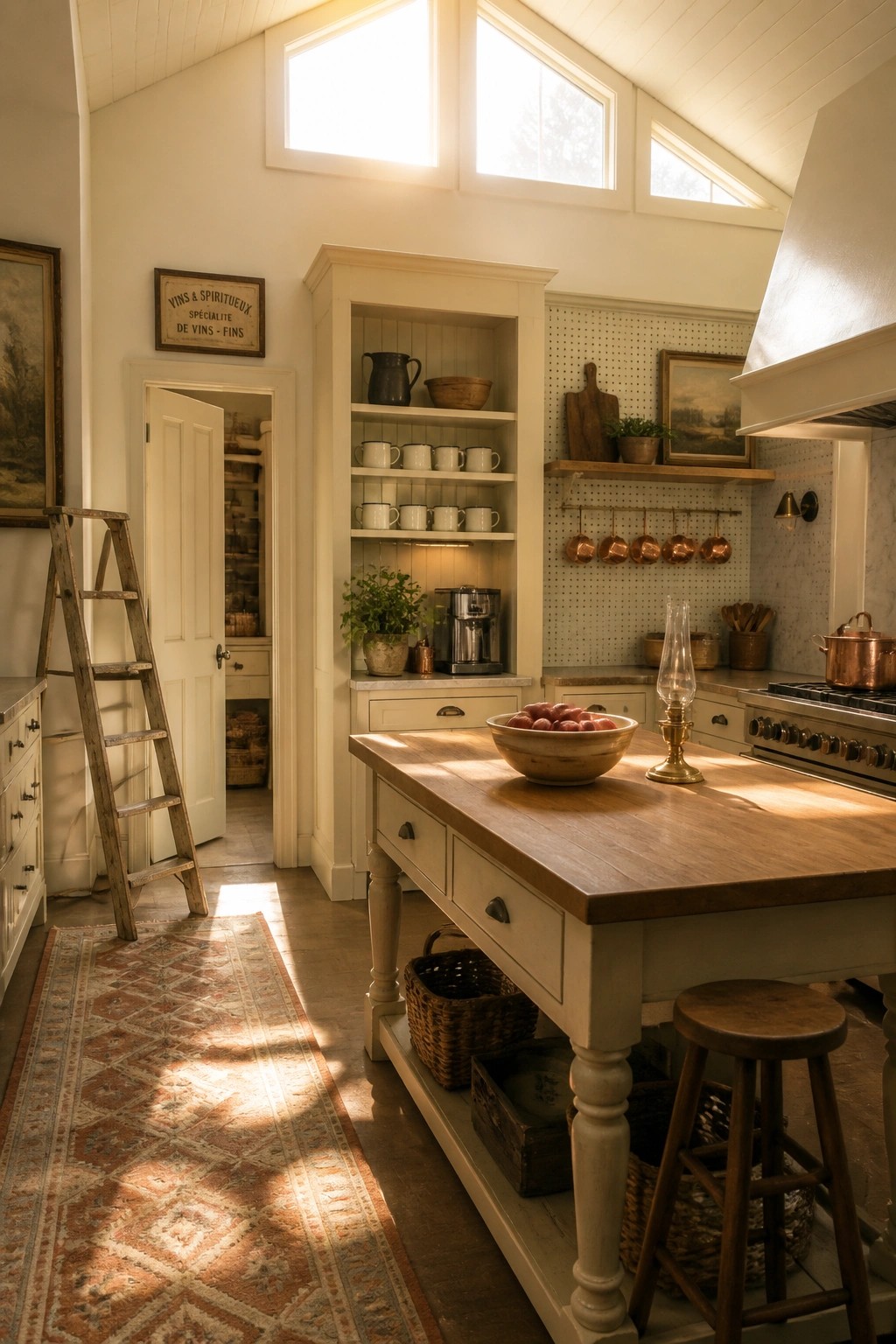 A rustic kitchen interior with a large wooden island, cream cabinets, copper pots, and sunlight streaming through skylights.