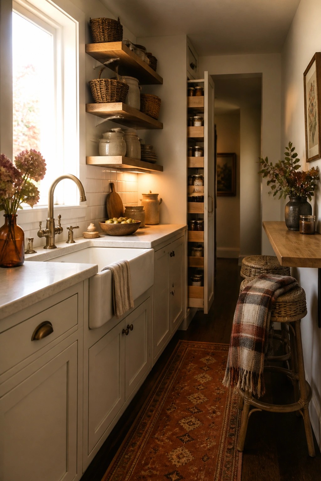Rustic kitchen with white cabinets, farmhouse sink, open shelves, and plaid stools.