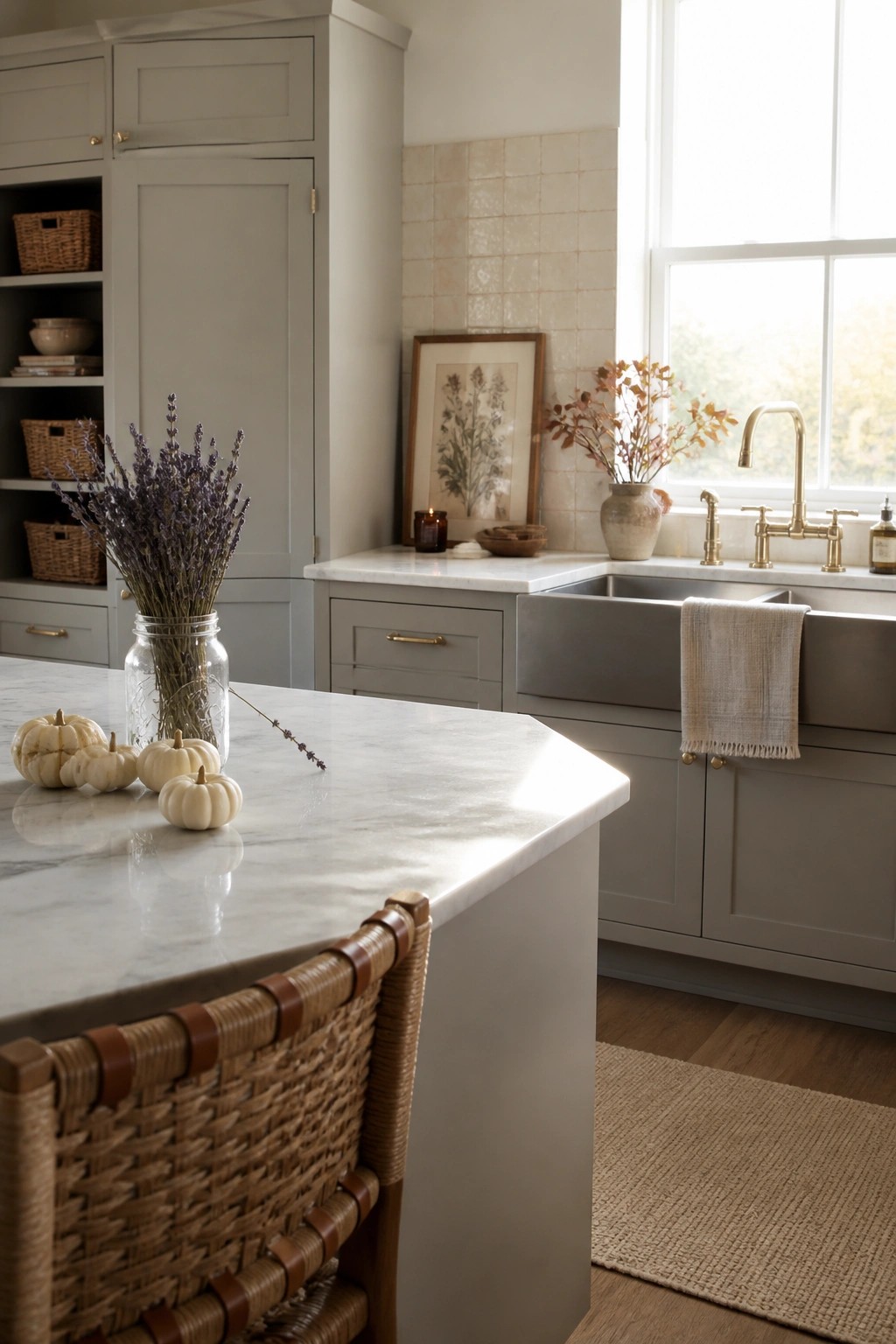 A kitchen with gray cabinets, a white marble island holding small white pumpkins and a glass jar of lavender, and a farmhouse sink beneath a window.