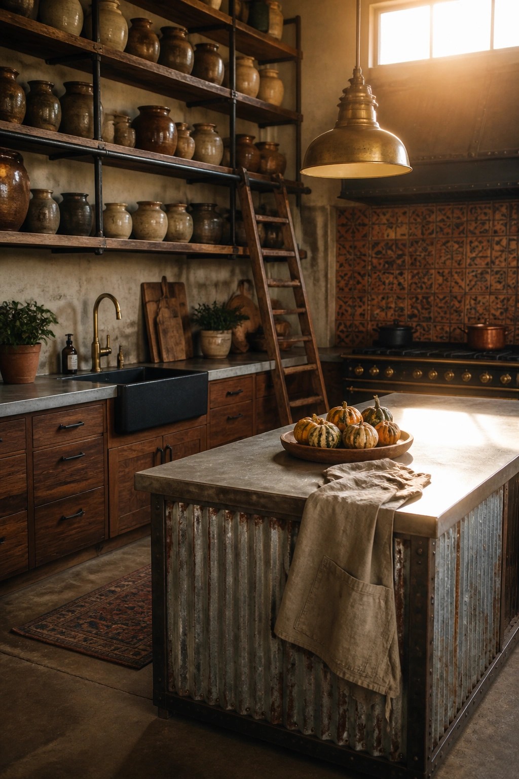 A rustic kitchen interior with a large central island that has a corrugated metal base, concrete countertop, and small pumpkins arranged on top, surrounded by wooden cabinetry and open shelves holding earthenware.