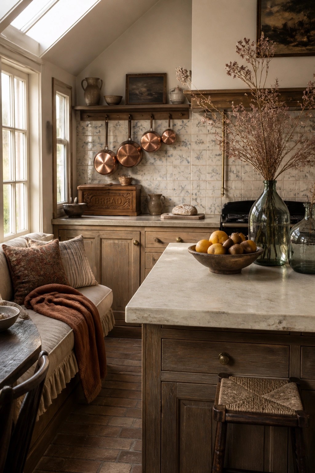 A rustic kitchen interior with wooden cabinets, hanging copper pots on a tile wall, a marble island topped with a wooden fruit bowl, and a cushioned bench with pillows.