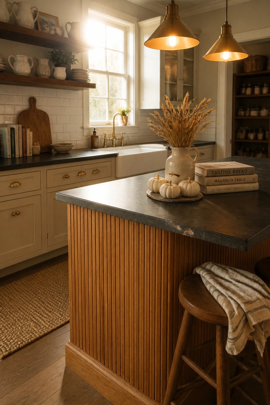 A kitchen with a large island that has a fluted wooden base, dark stone countertop, white pumpkins, and dried wheat in a vase on top.