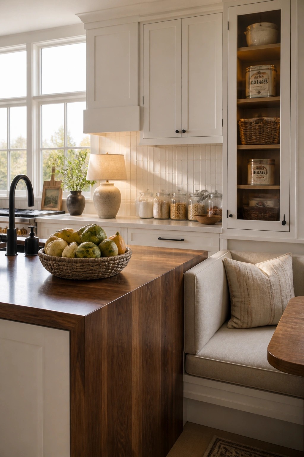 A kitchen interior showing white cabinets, a dark wood island with a woven basket of squash and gourds, and a built-in upholstered bench beside it.