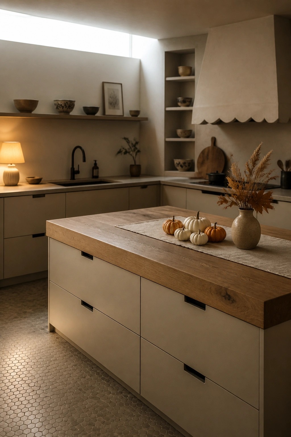 A modern kitchen featuring a large central island with small pumpkins and a vase of dried foliage arranged on a runner, set against neutral cabinetry and open shelving.