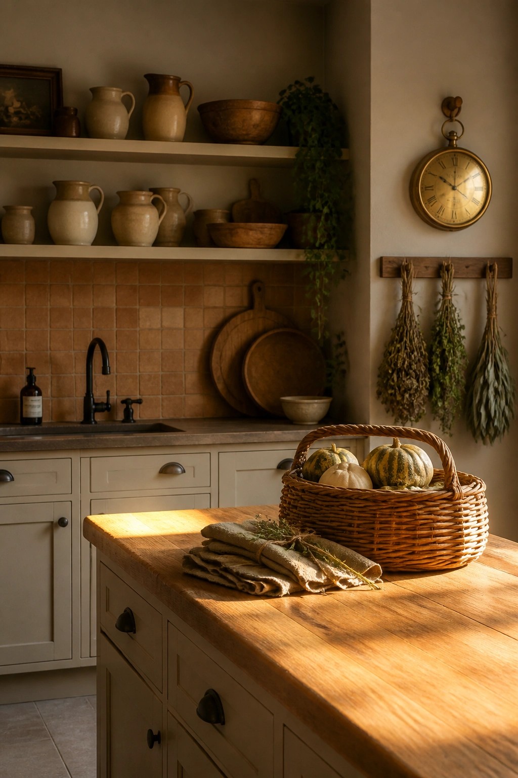 A kitchen interior with open shelves displaying ceramic jugs and bowls in neutral tones above a terracotta tile backsplash, a black faucet sink, and a wooden island holding a wicker basket of gourds.