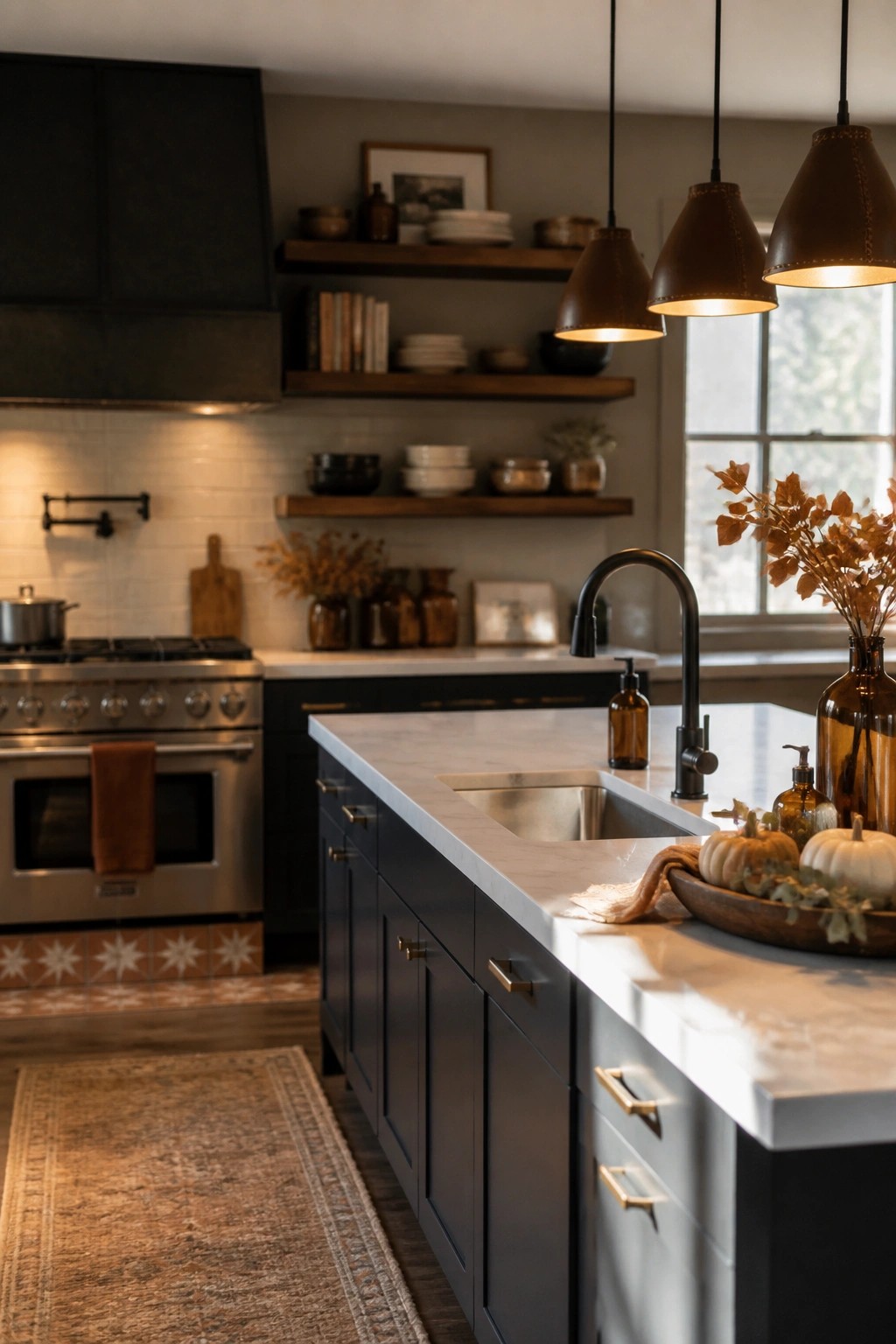A kitchen with dark blue cabinets, white marble countertops, a central island with a sink, open wooden shelves holding dishes and books, black pendant lights, and autumn items including pumpkins and dried flowers.