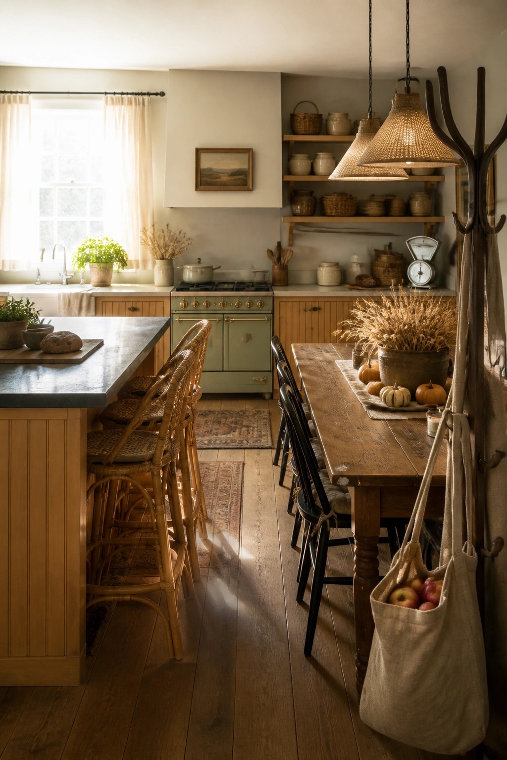 A rustic kitchen interior with a long wooden dining table decorated with small pumpkins and dried wheat, rattan and black chairs, a green range cooker, open shelving with baskets, and warm natural light from a window.