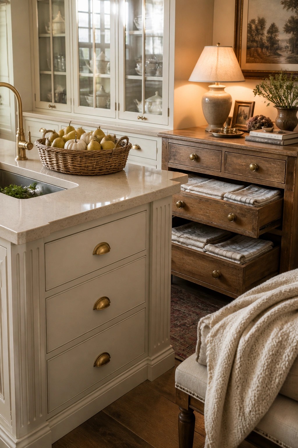 Rustic kitchen island with pear basket beside wooden chest of folded linens