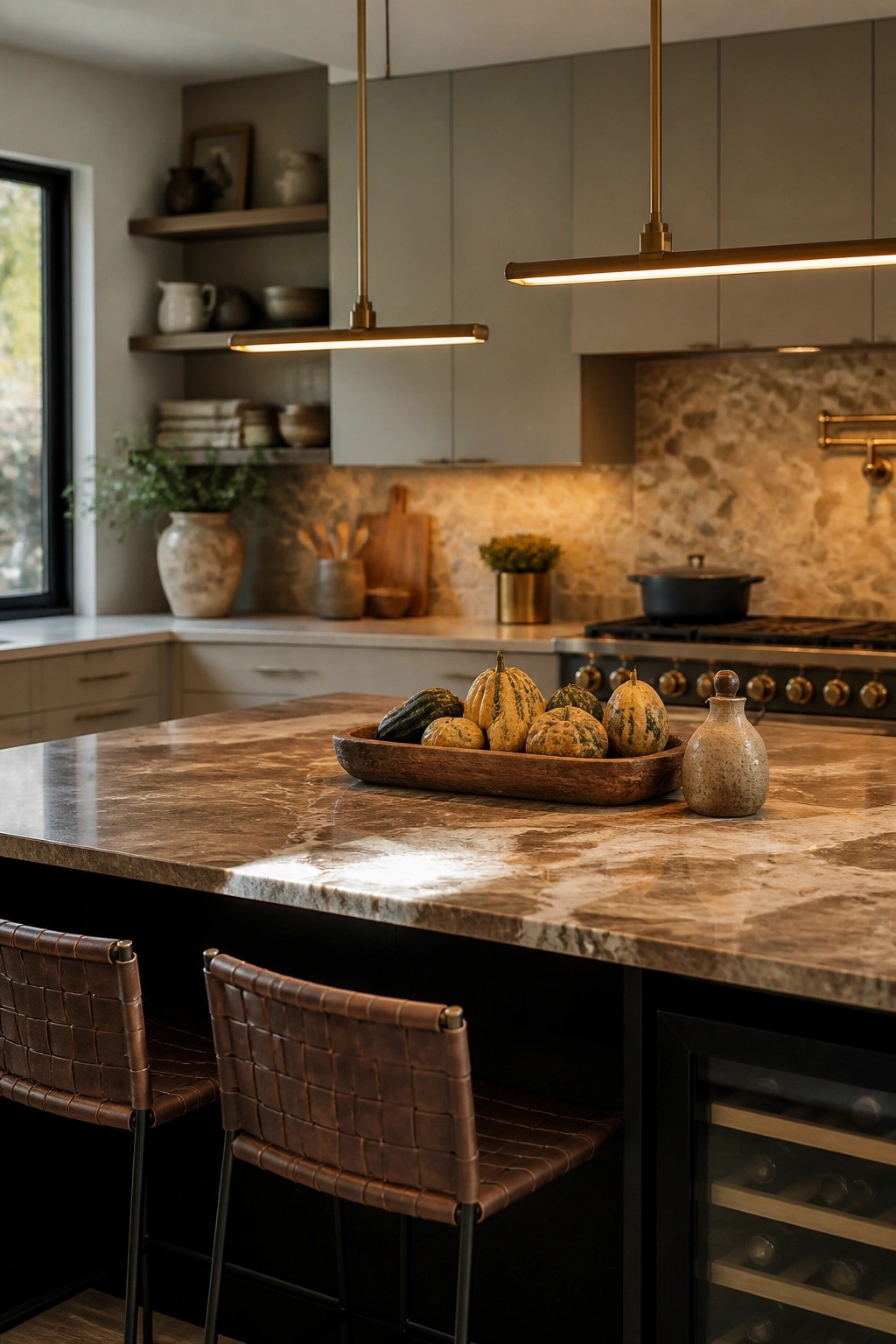 A kitchen island topped with brown marble holds a wooden bowl of gourds beside two brown leather bar stools.