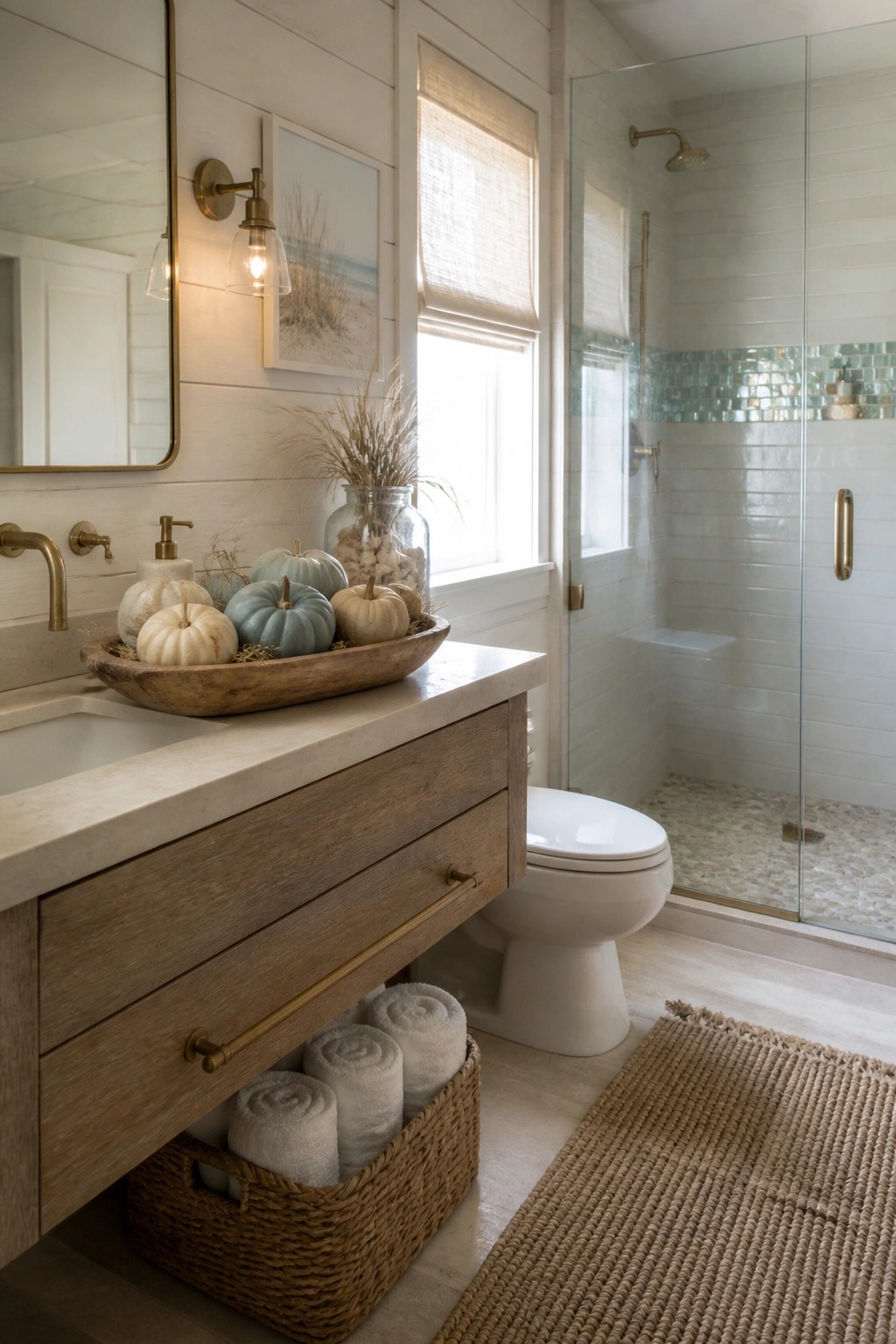 A bathroom vanity with a wooden bowl holding small pumpkins, a glass vase with dried grasses, and a woven basket of rolled towels underneath.